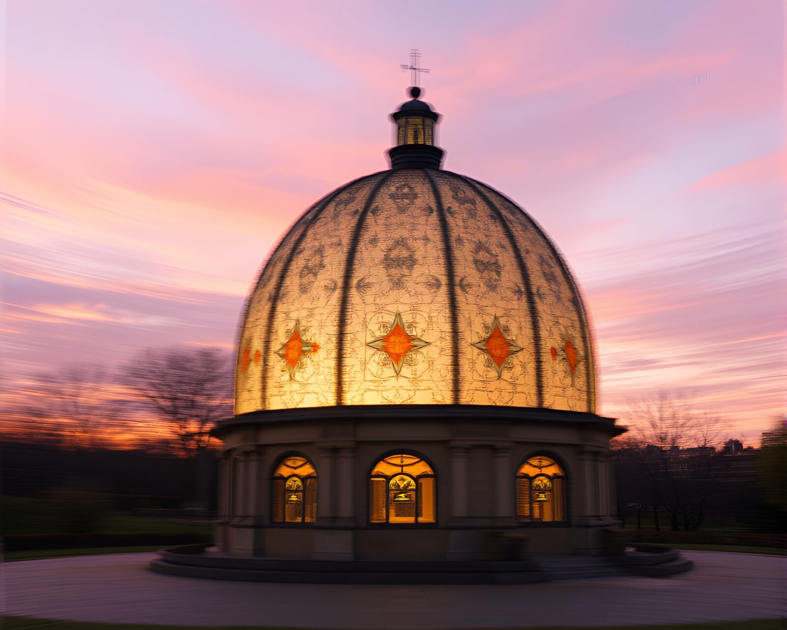 A 16-bit styled dome with twilight hues and motion blur