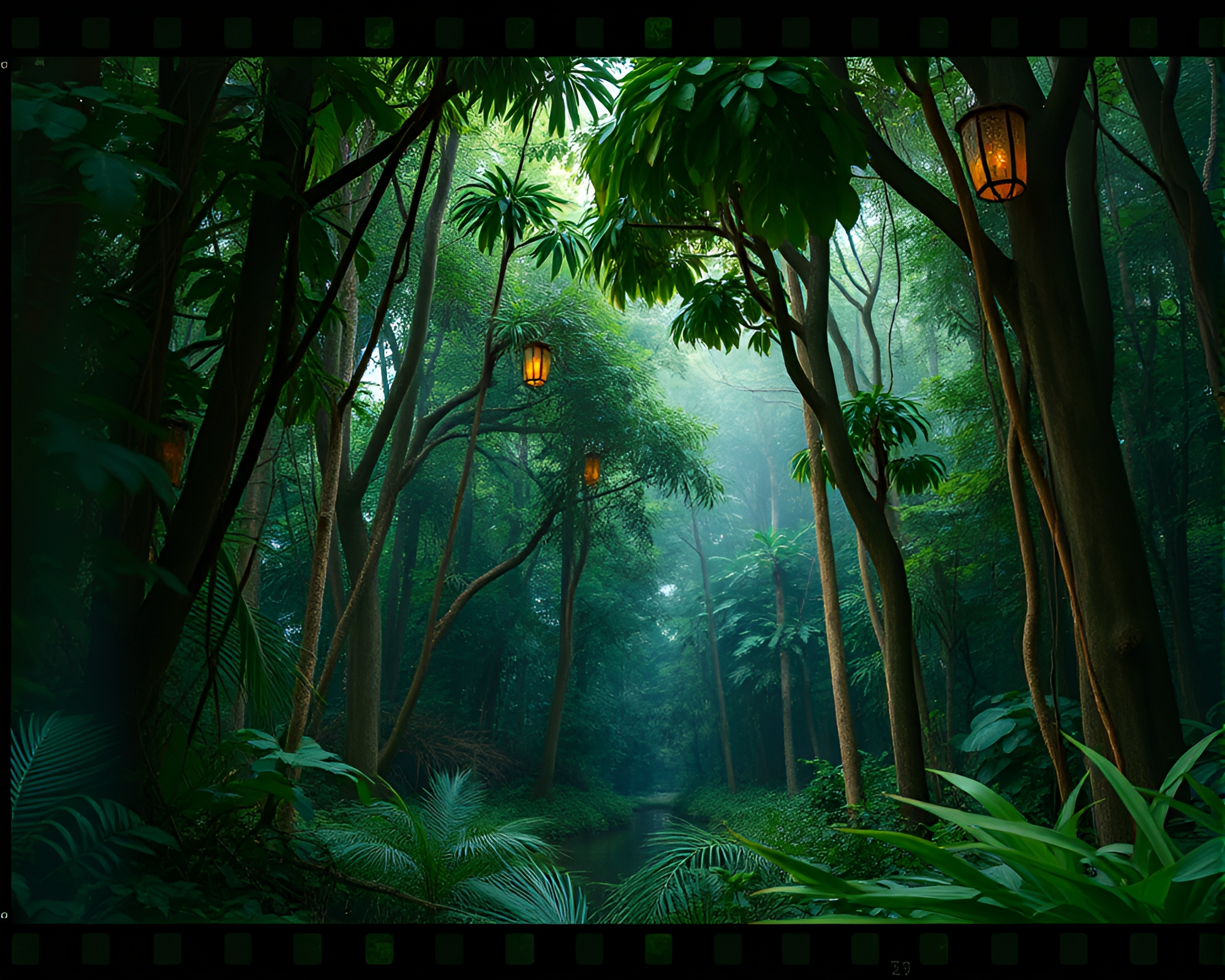 Fractal Cello Harmony in Jungle Canopy Film Strip – free AI stock image