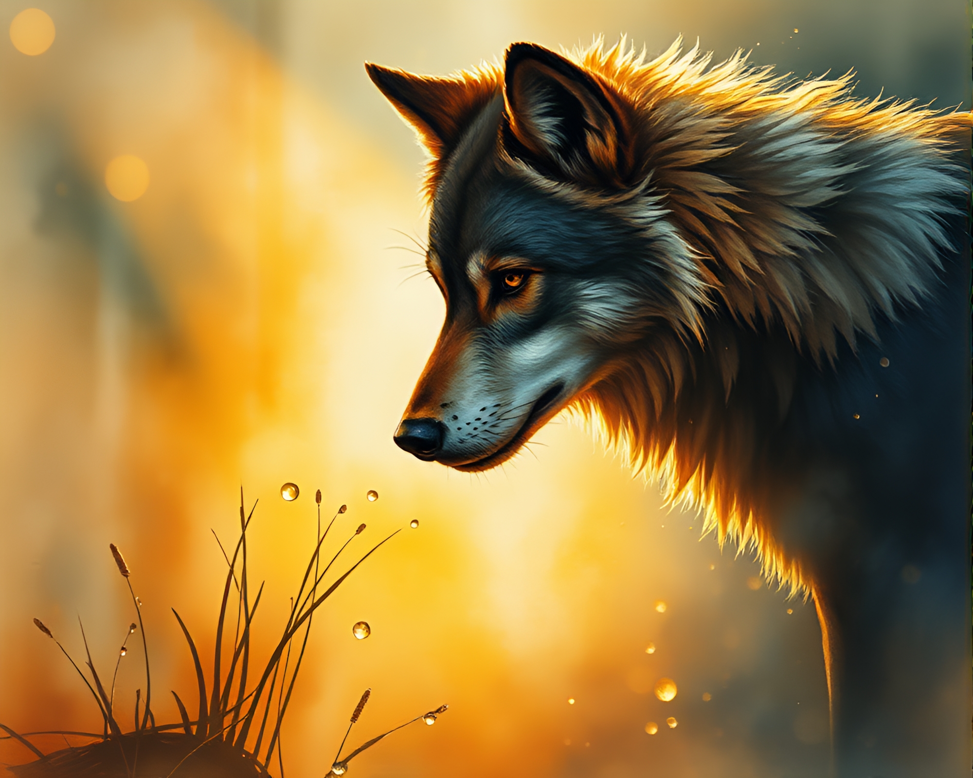 Golden Morning Werewolf in Water Droplets – free AI stock image