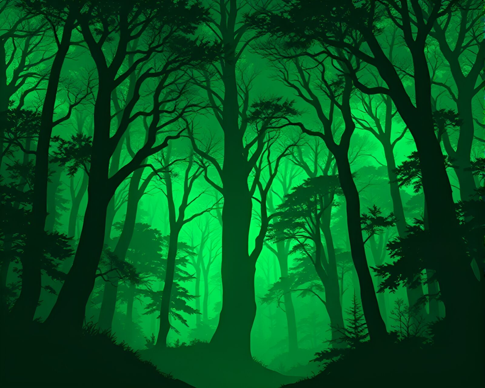 Glowing green forest with VR hub in silhouette ASCII.