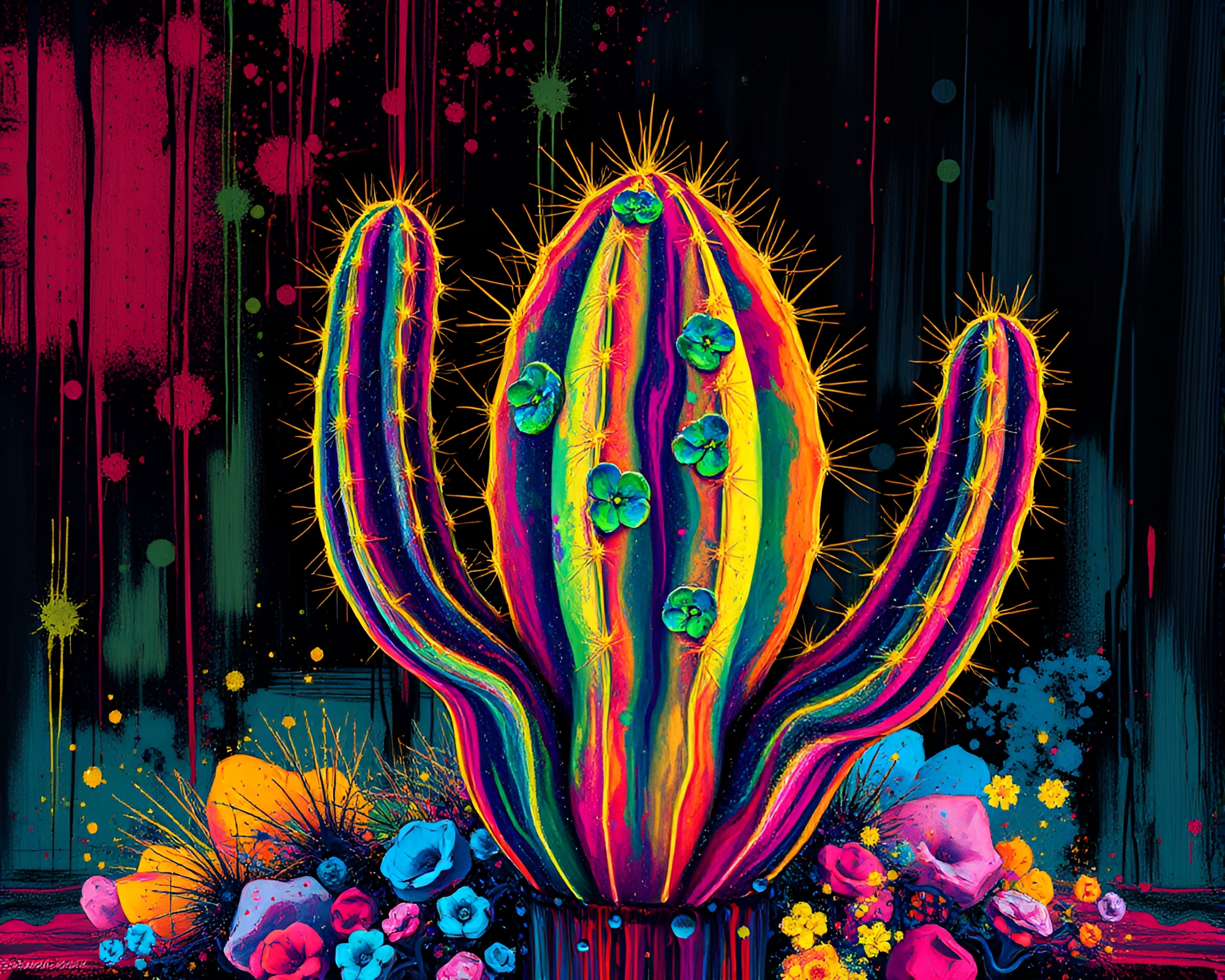 Neon Cactus in Oil Slick Rainbow Splatter Art – free AI stock image