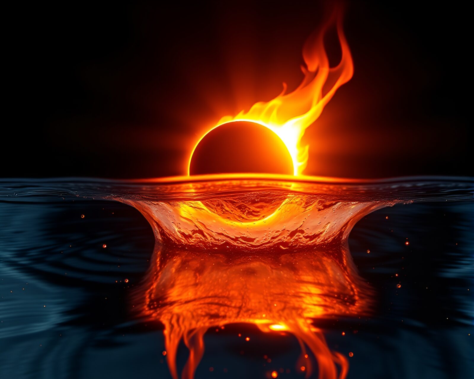 Real-time ray tracing image of solar eclipse reflected in rippling water with warm firelight