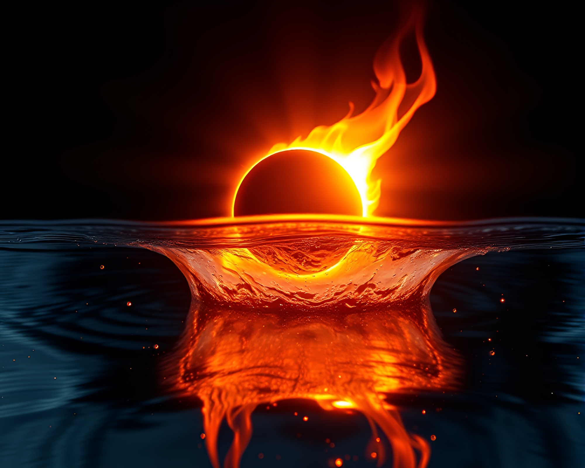 Solar Eclipse Reflection in Distorted Water with Fireplace Light – free AI stock image