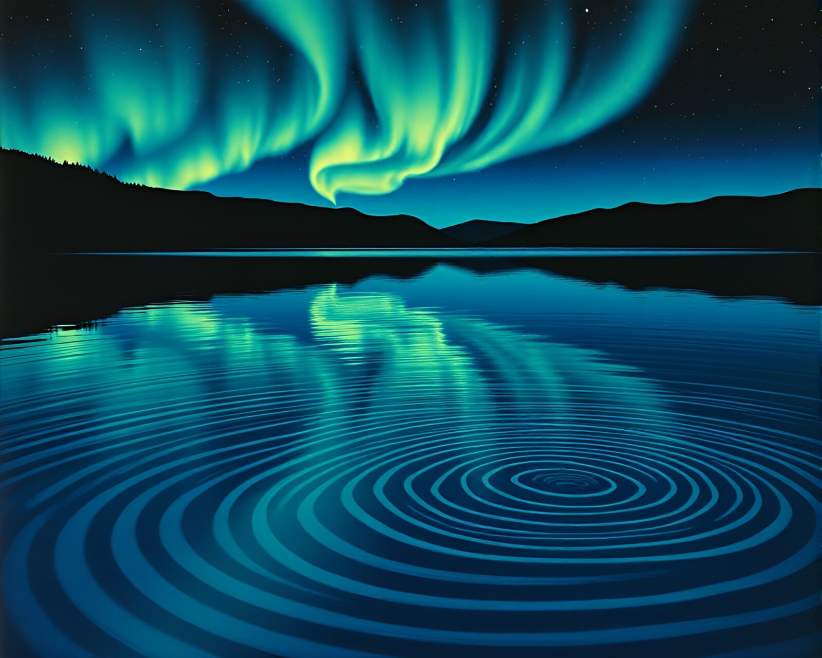 Colorful Northern Lights reflecting on rippling water at night