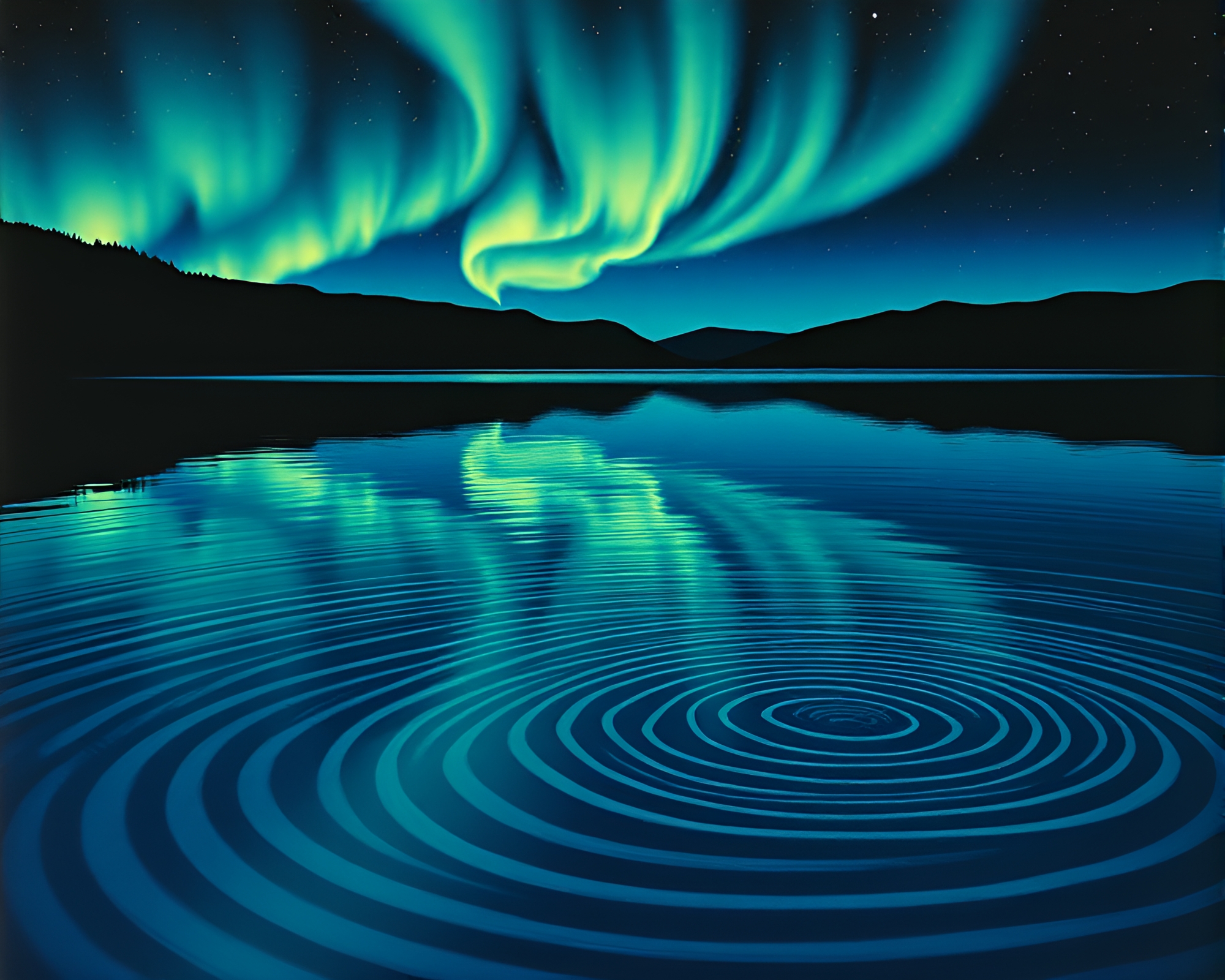 Aurora Borealis Water Reflection Linocut Print – free AI stock image