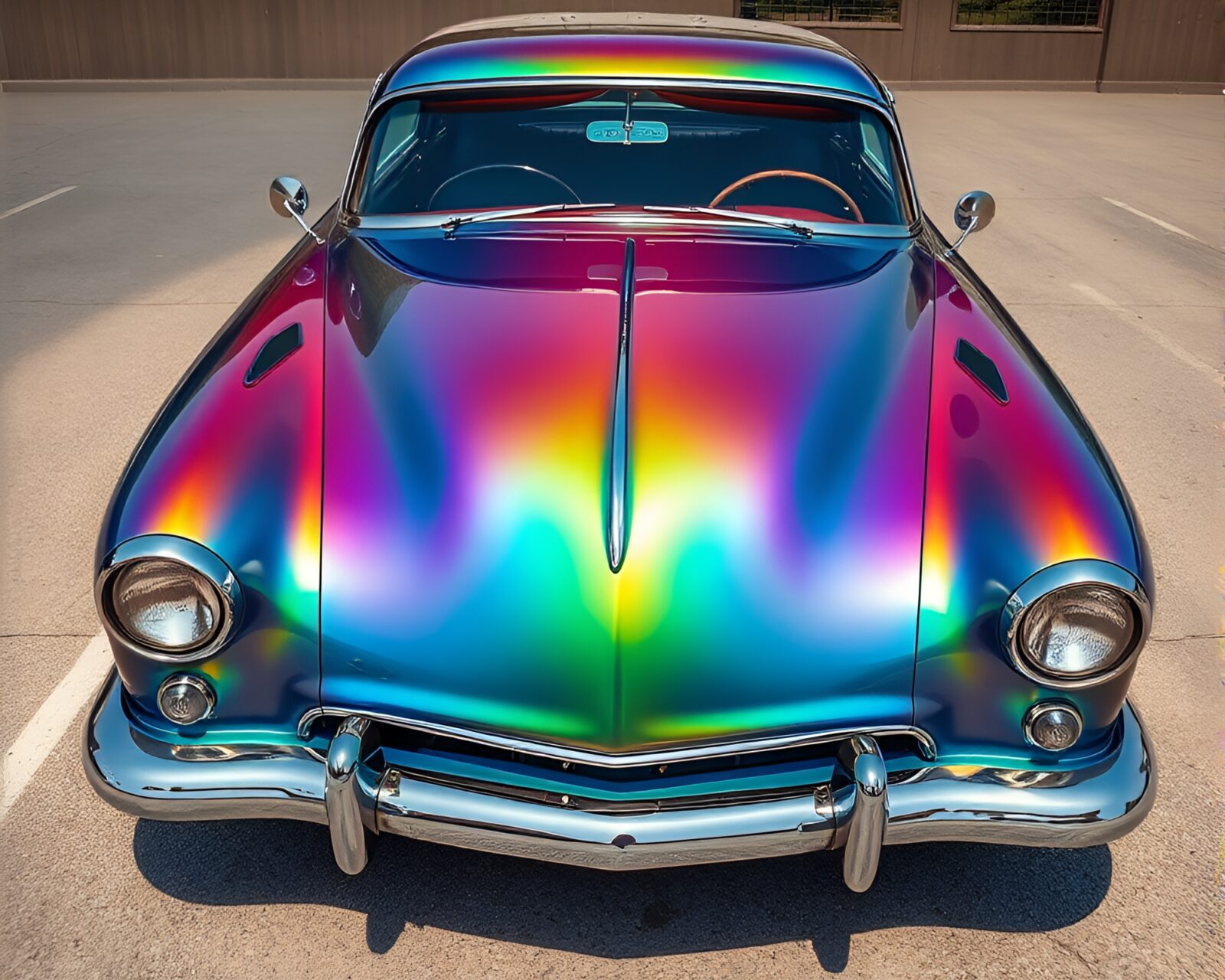 Stunning vintage car with oil slick rainbow reflection on steel-blue finish