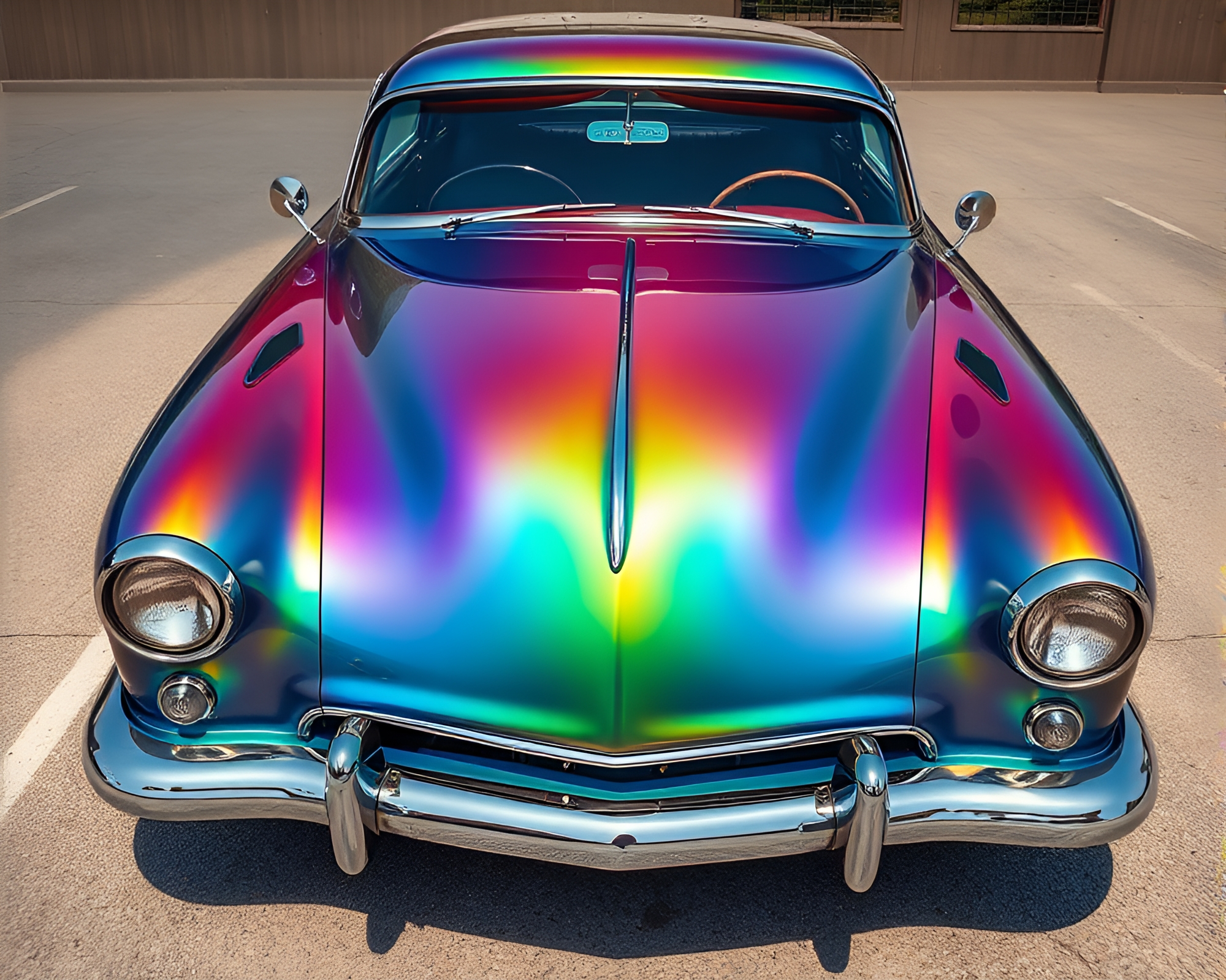 Vintage Car Reflects Oil Slick Rainbow in Steel-blue Light – free AI stock image