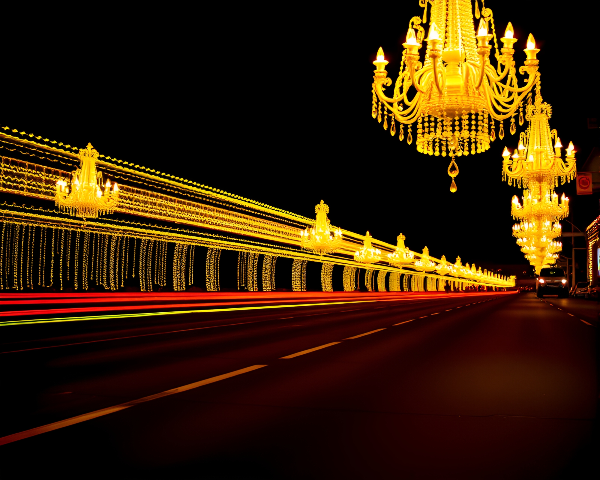 Glowing Car Light Trails Cascade Through Mustard Yellow Chandelier Pop – free AI stock image