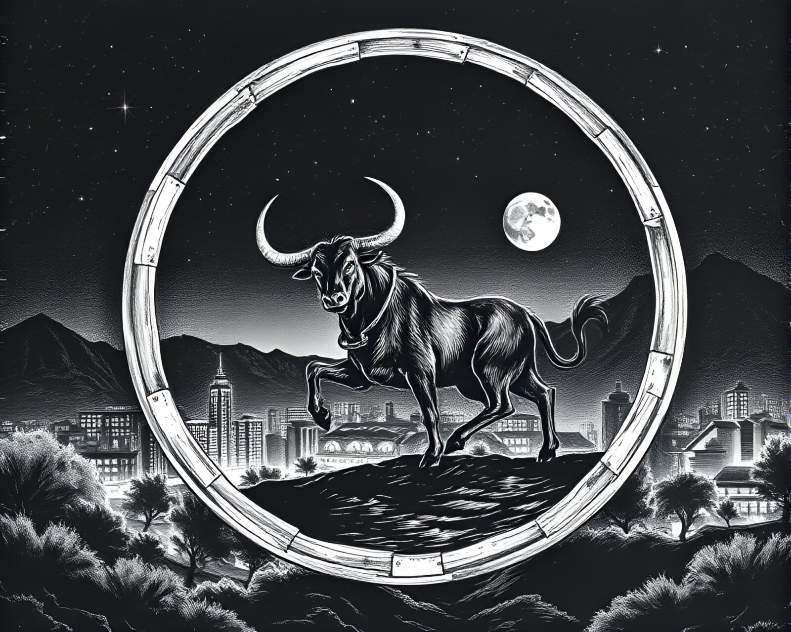 Circular frame showing Minotaur in city lights at night