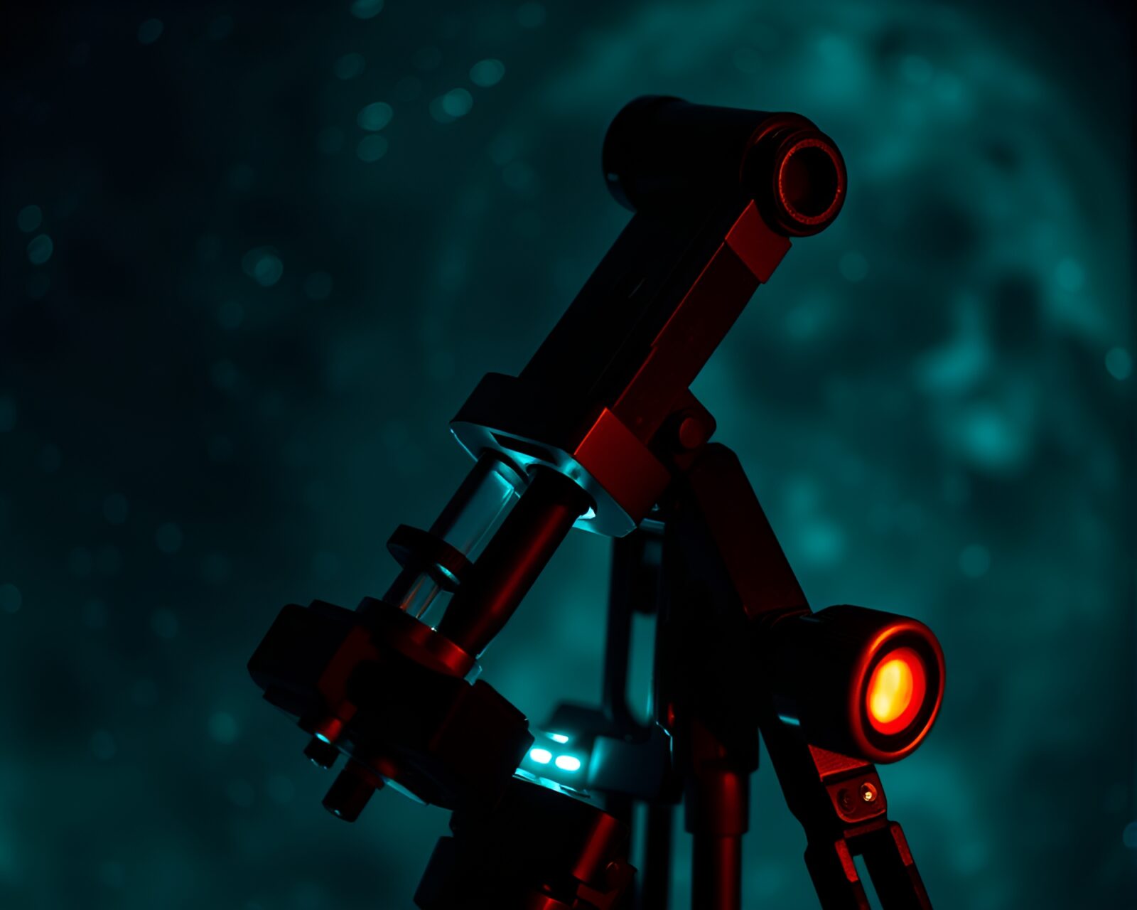 High-angle view of an antique sextant in shimmering bioluminescent light