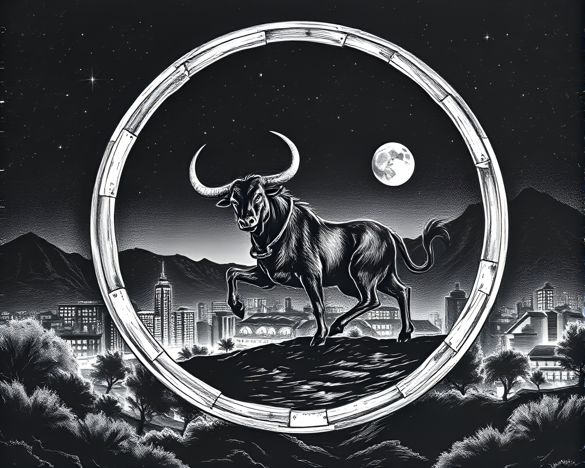 Minotaur in Urban Landscape Etching – free AI stock image