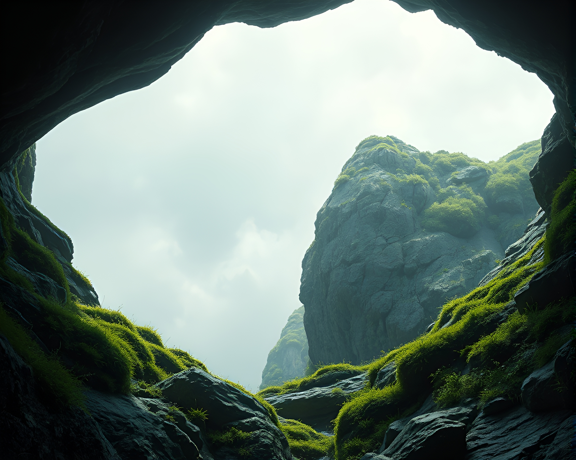 Futuristic Moss-Covered Rock Framed by Nature – free AI stock image