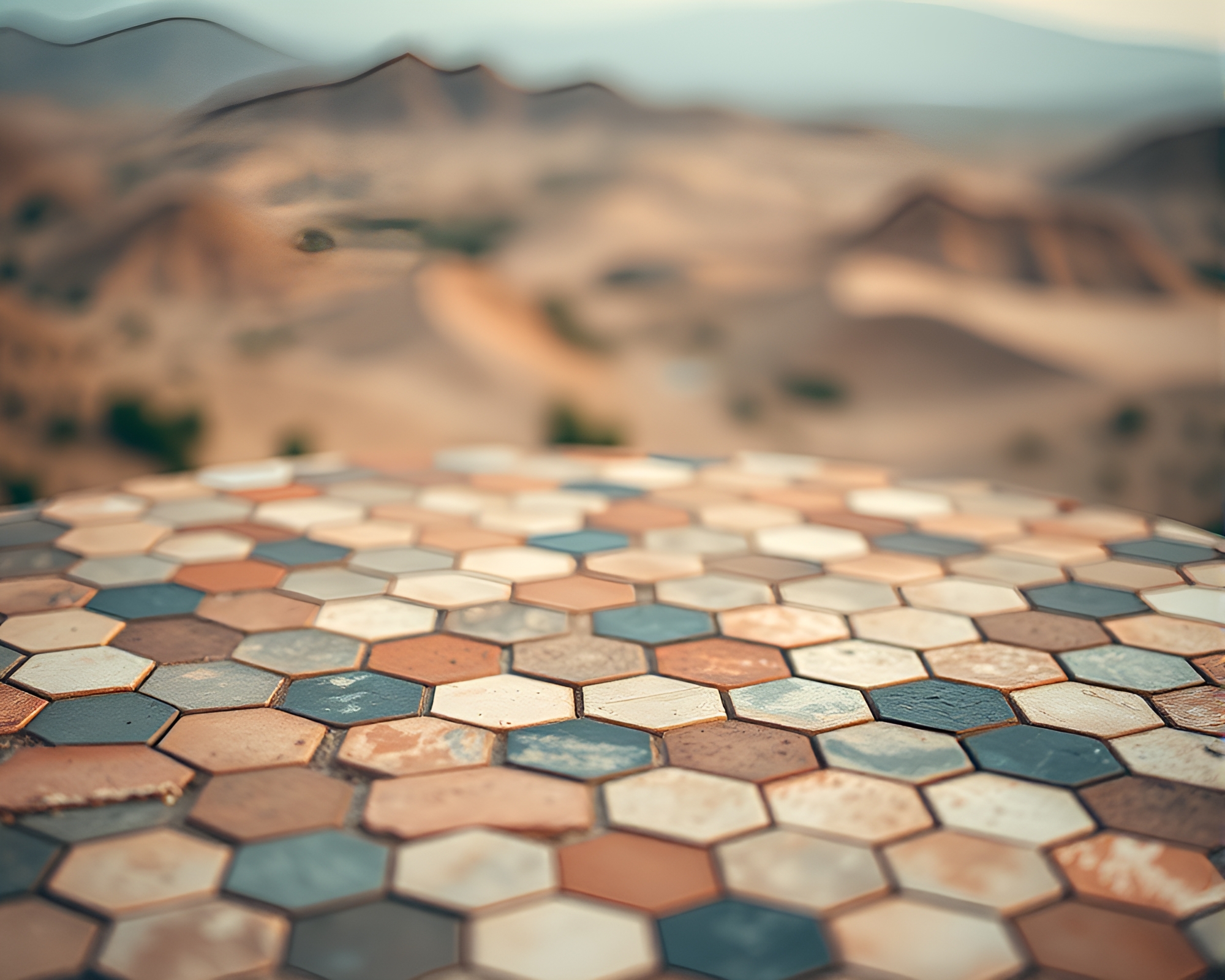 Hexagonal Desert Oasis Mirage in Tilt-Shift Photography – free AI stock image