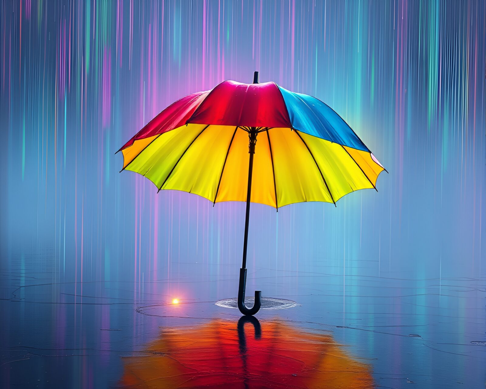Vibrant umbrella reflecting oil slick rainbow in glitched digital light