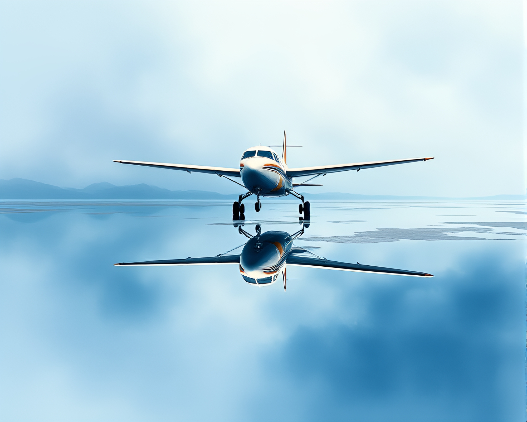 Sea Plane Reflection in Puddle with Watercolor Wash – free AI stock image