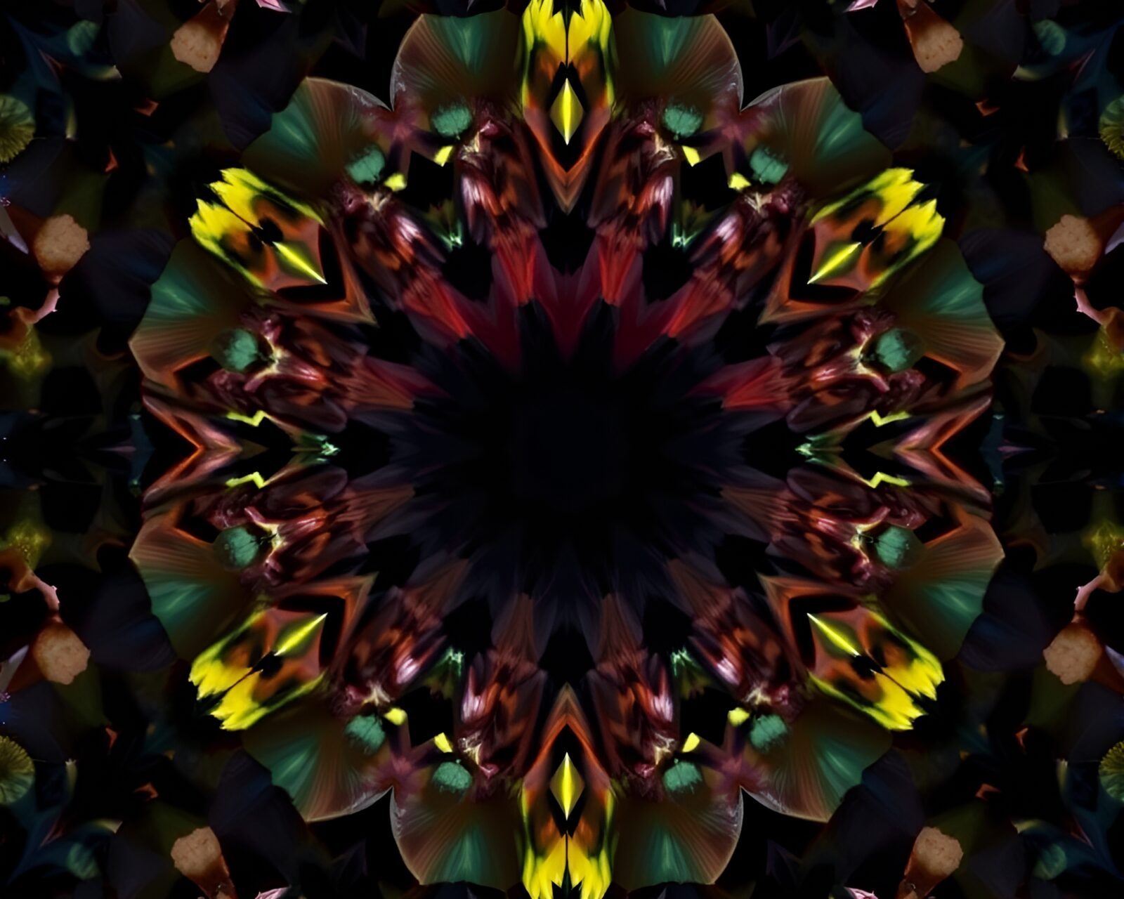 Twilight desert scene reflected in kaleidoscope patterns