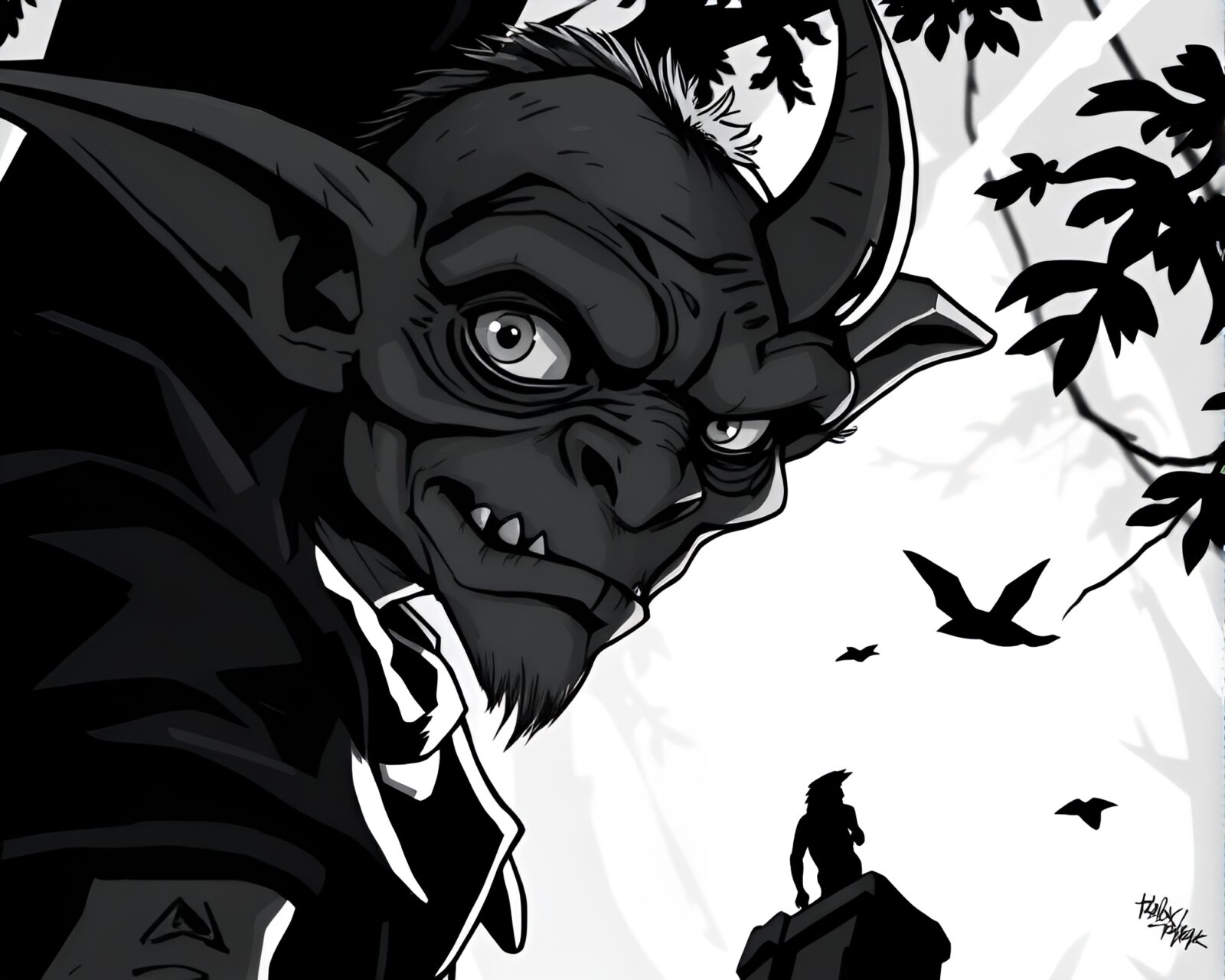 High-contrast goblin portrait in toon shading style