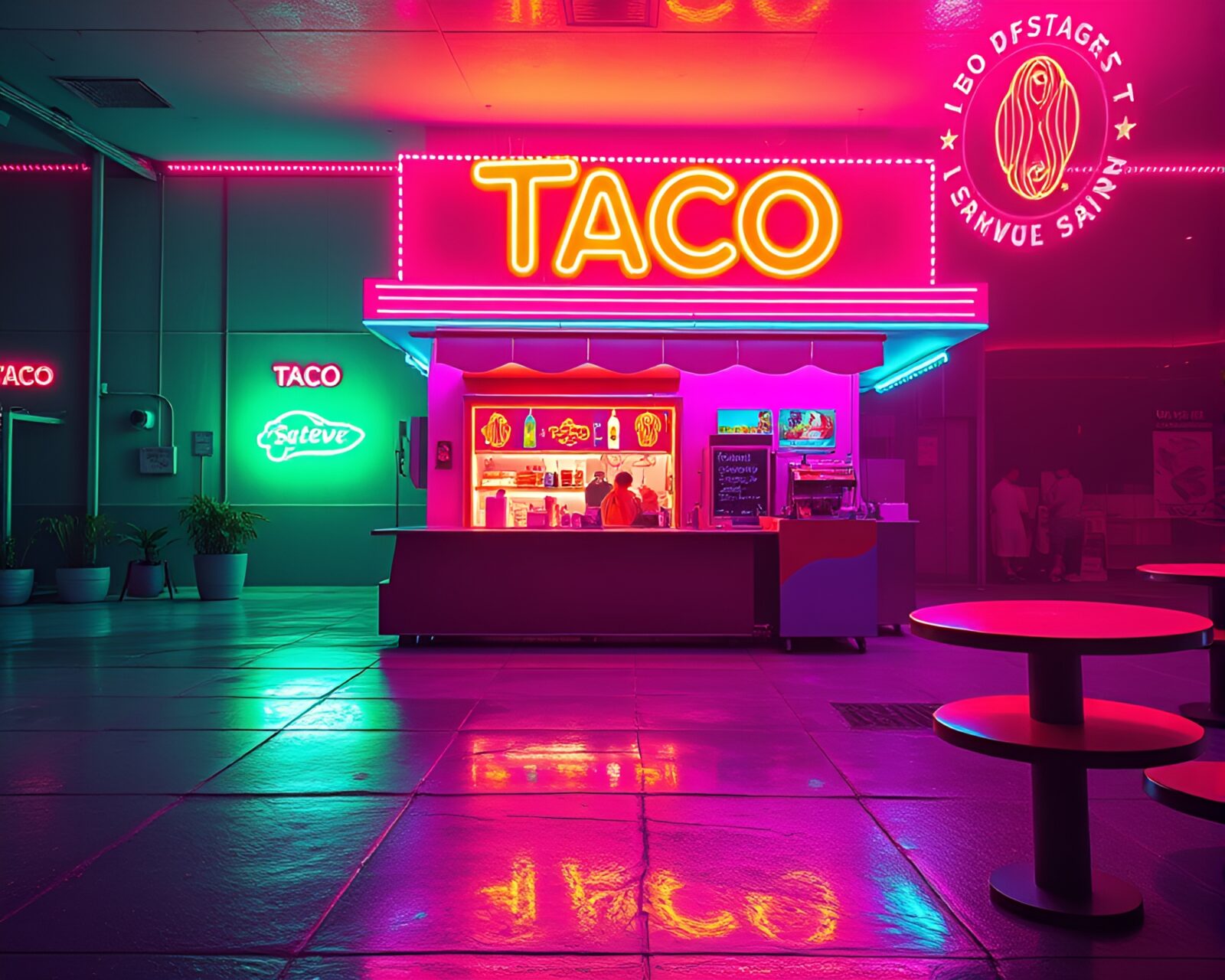 Concept art of neon-lit taco stand with thermal imaging colors