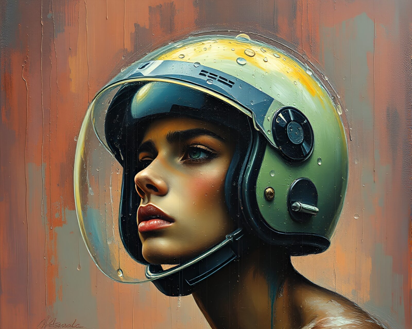 Canvas painting of helmet covered in dew drops with VHS distortion effect