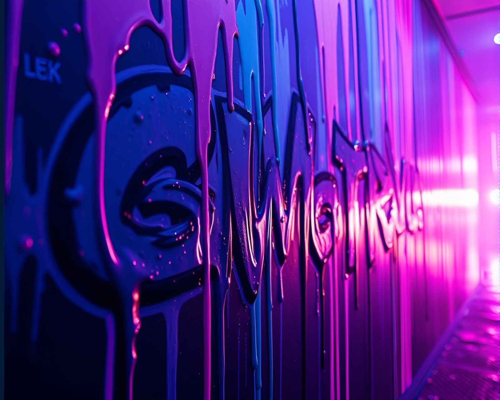 Vibrant indigo neon lights illuminate dripping graffiti artwork