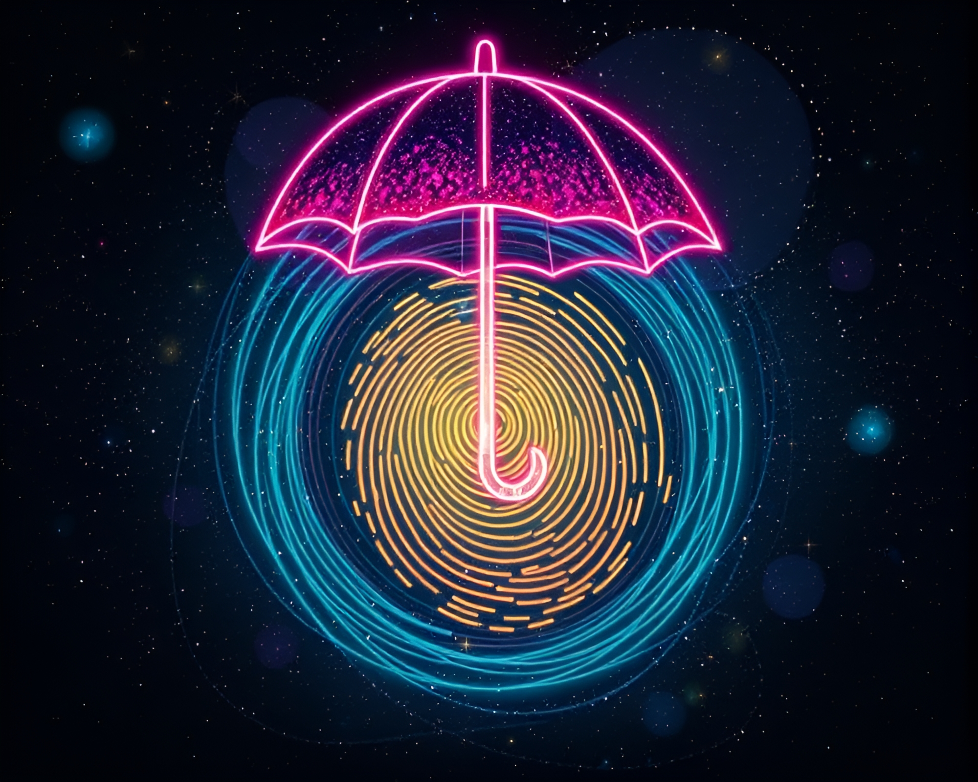 Neon-lit Umbrella in Cosmic Fingerprint Swirl – free AI stock image