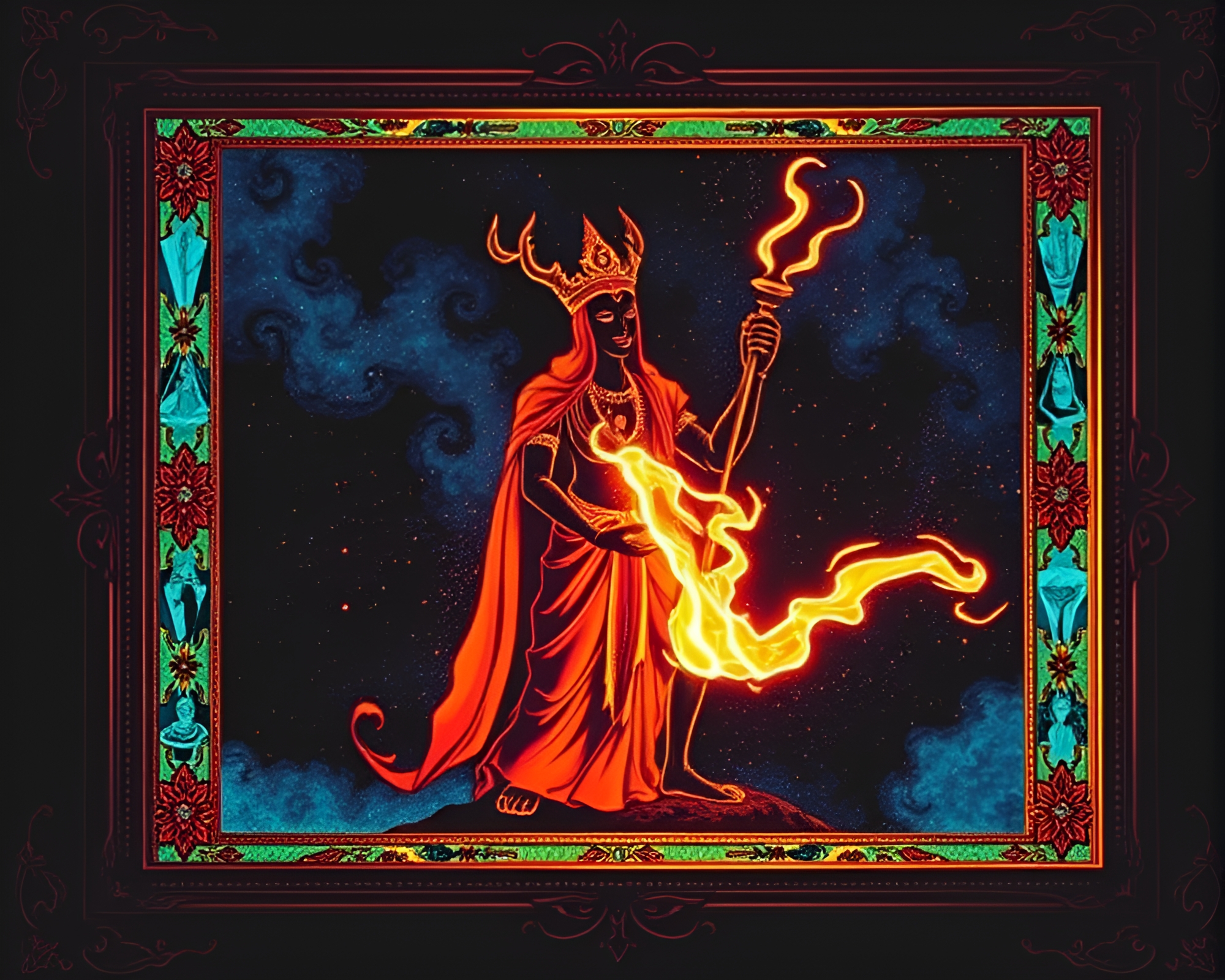 Intricate Djinn Lino Print with Framed Topaz Glow – free AI stock image