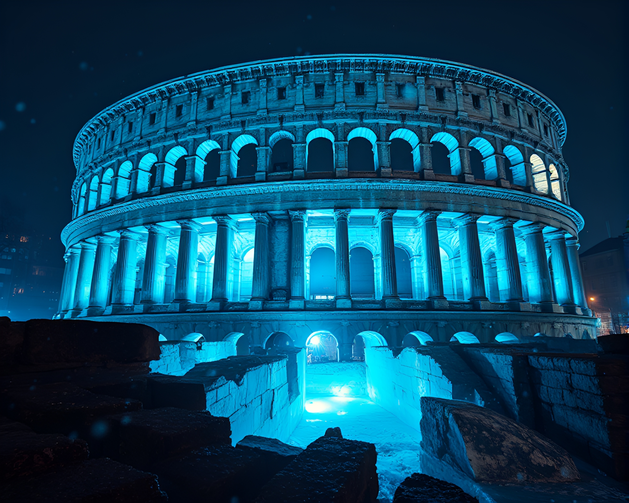 Mystical Roman Coliseum with Floating Ice Particles – free AI stock image