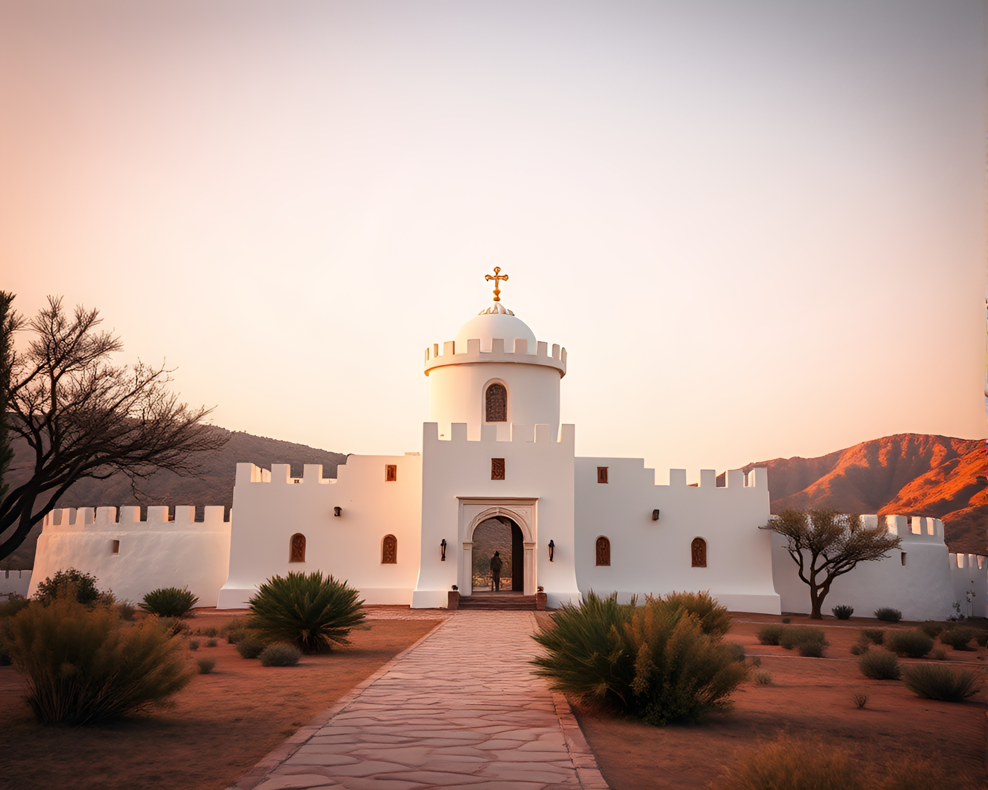 Deserted castle in golden hour desert – free AI stock image