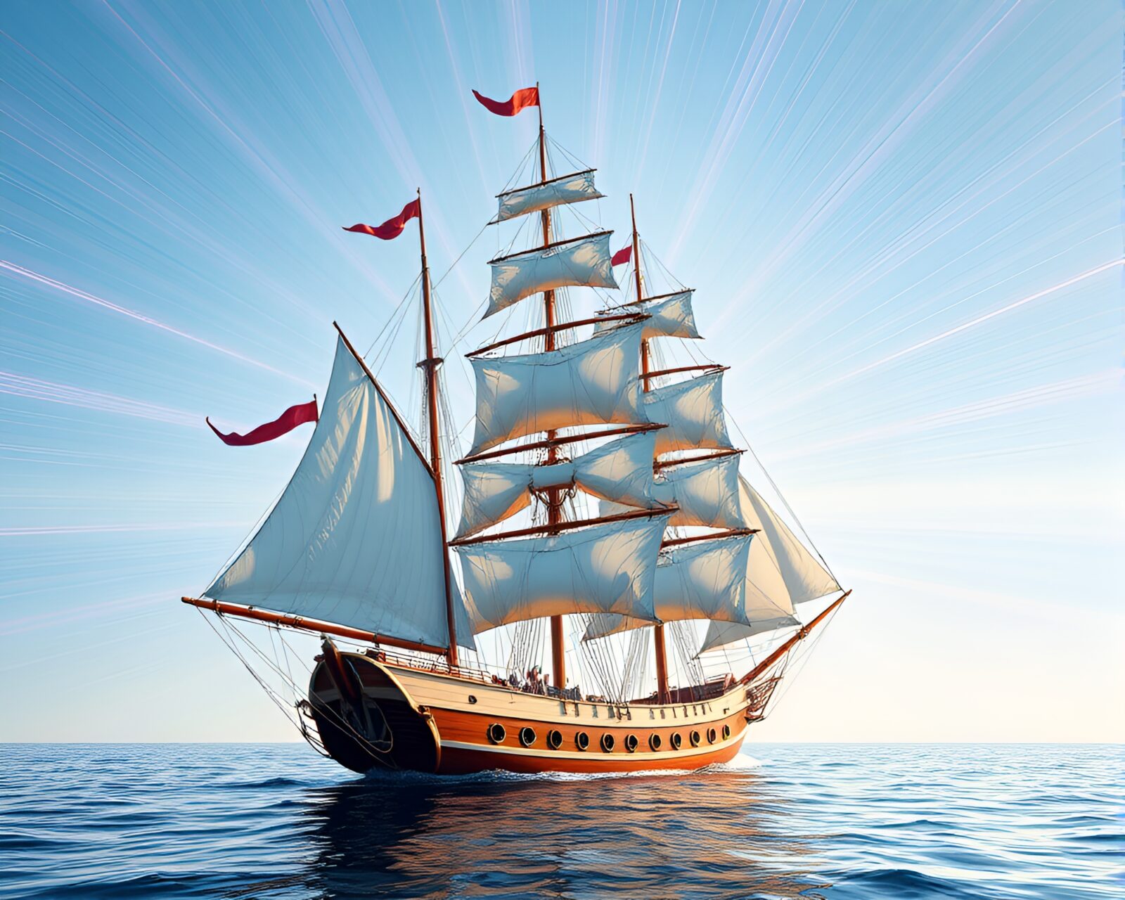 Gorgeous sailing ship with rainbow highlights in symmetrical design