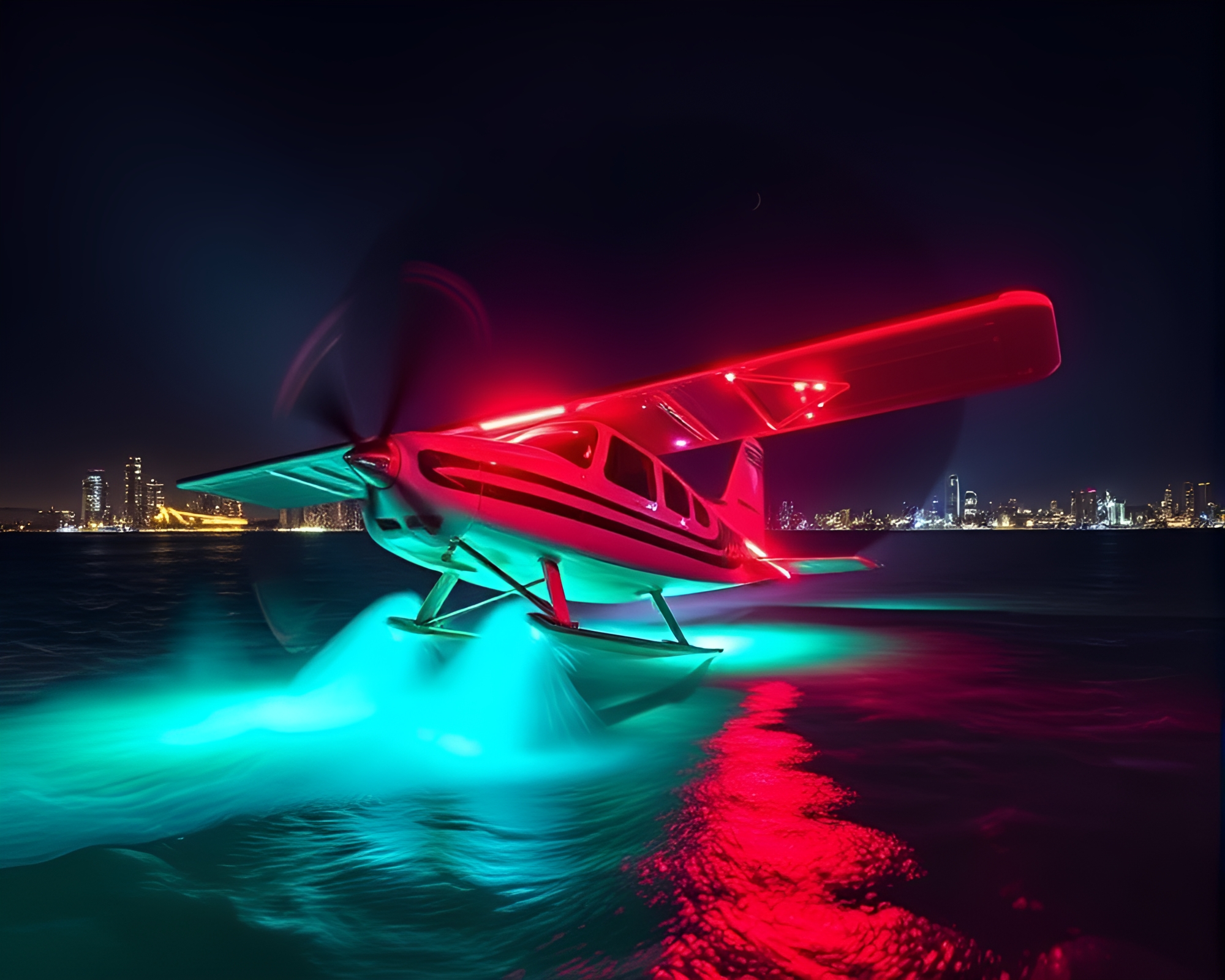 Neon Glow Sea Plane Caught in Vortex Twist – free AI stock image