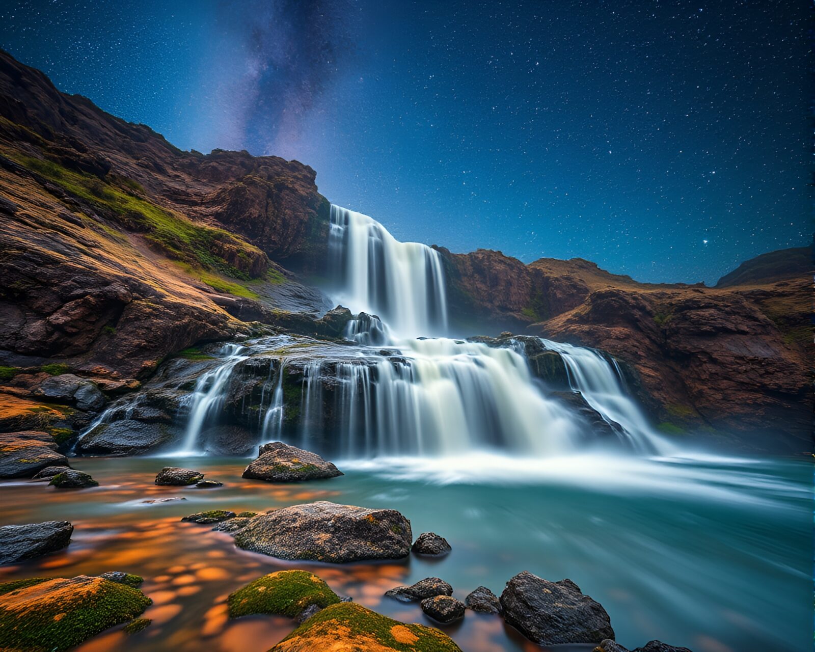 Majestic waterfall framed within intricate architectural design under cosmic lighting