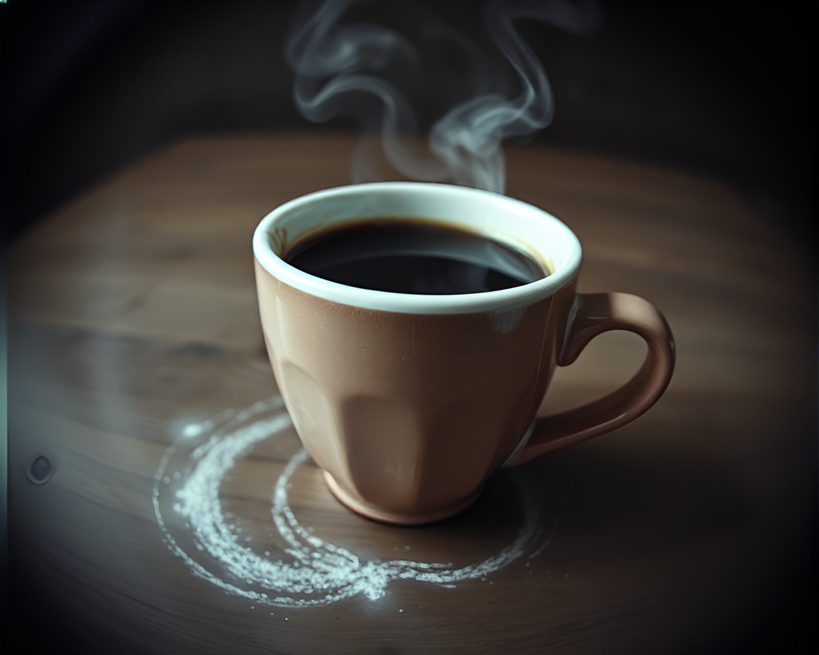 Fisheye view of a coffee cup drawn in chalk, with grainy film-like quality