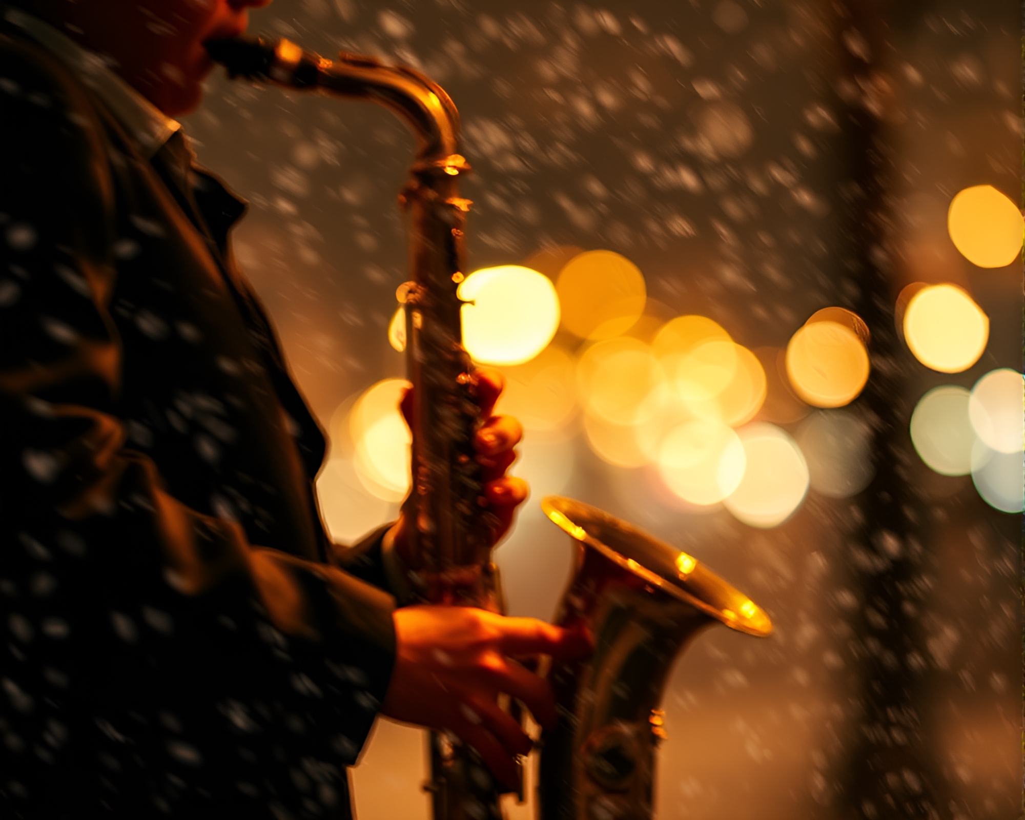 Saxophone Serenade in Charcoal Snowfall Motion Blur – free AI stock image