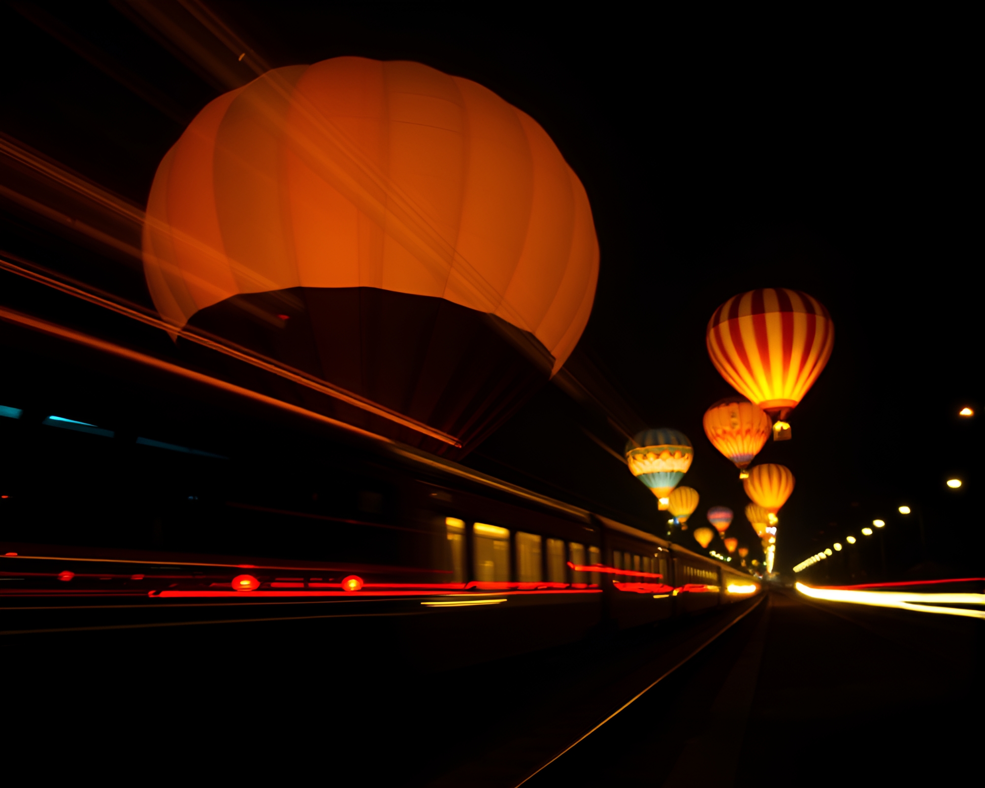 Glowing Opera-House Balloon with Train Light Trails – free AI stock image
