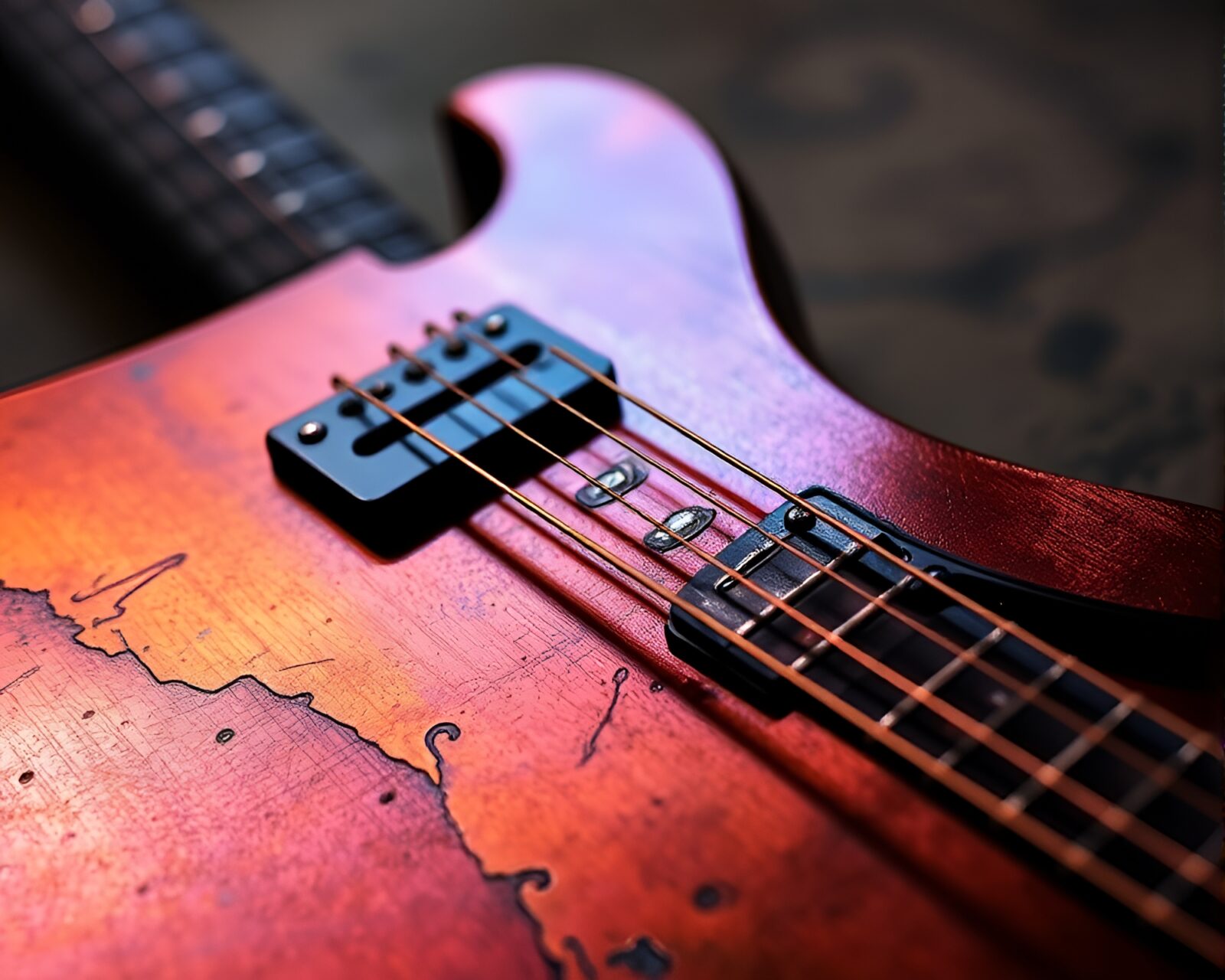 Shining bronze guitar with intricate calligraphy under ultraviolet light