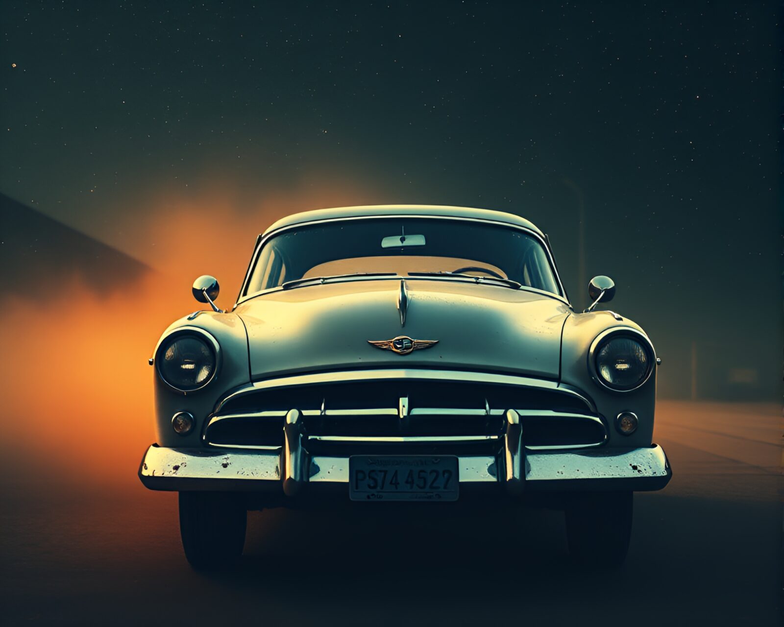 Vintage car under a cosmic dust sky in grainy style