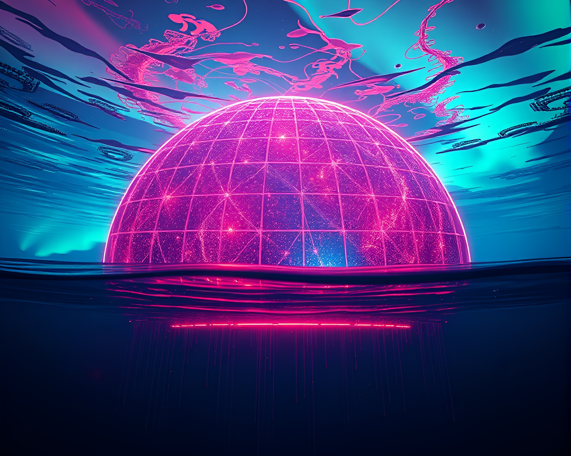 Neon Wireframe Underwater Dome with Aurora Hues – free AI stock image
