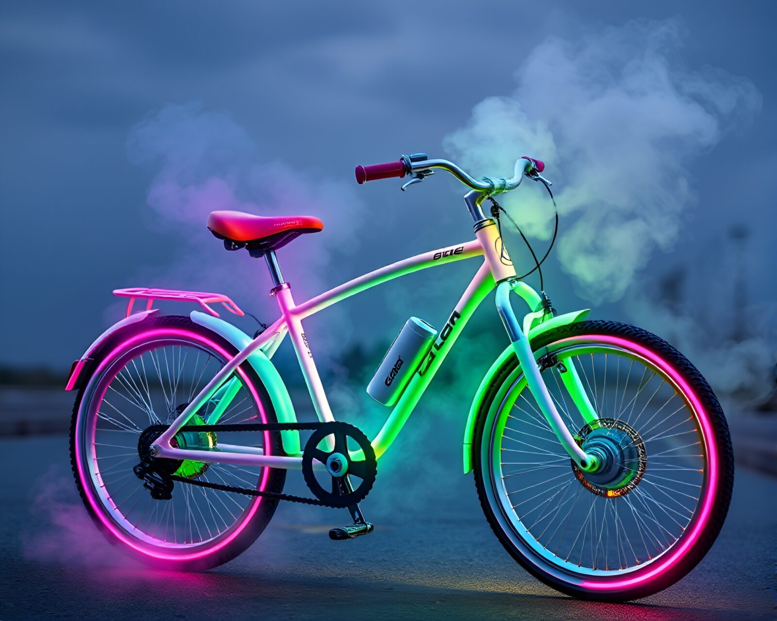 Neon pastel solar bike surrounded by misty vapor clouds