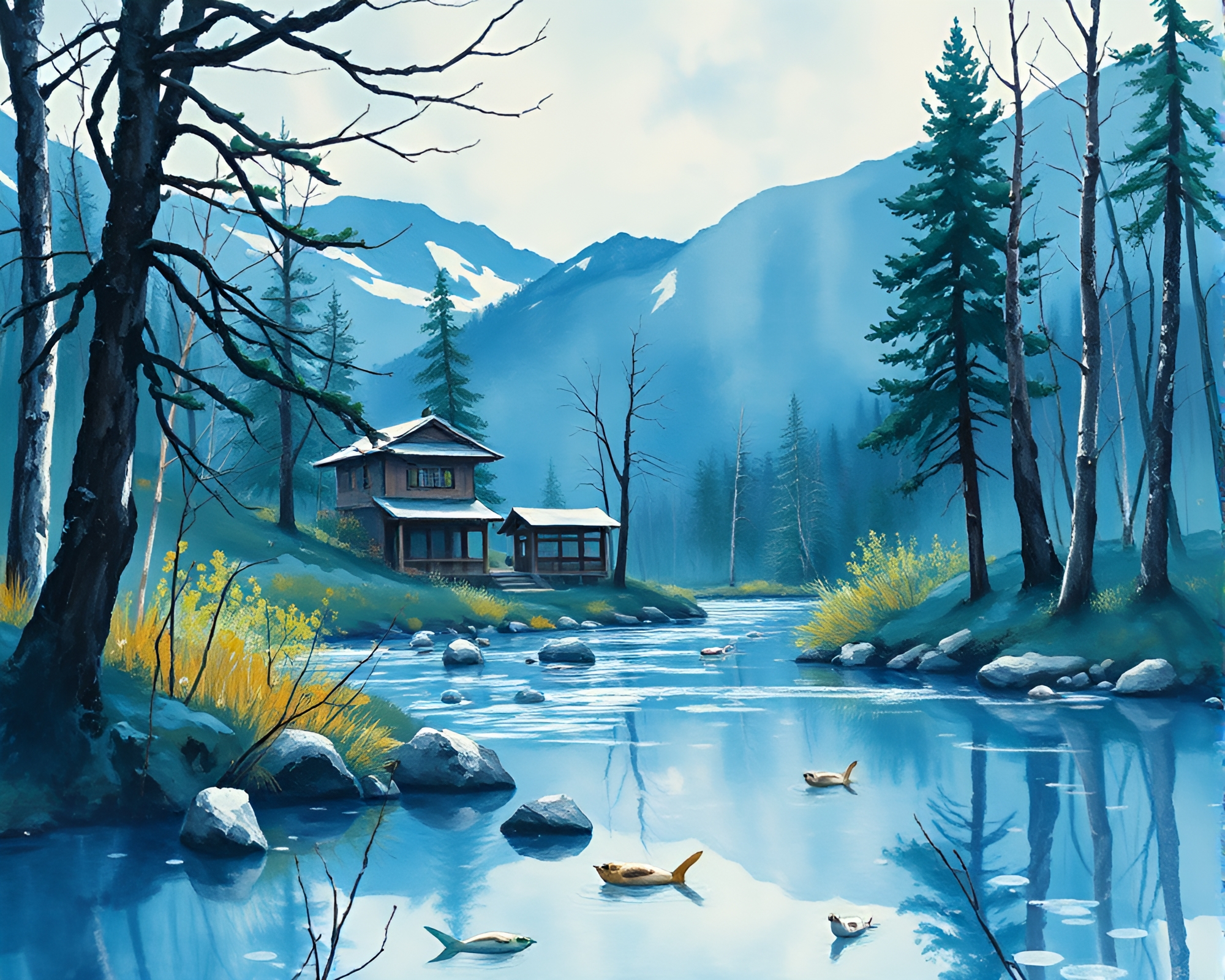 Serene Hot Spring at Dawn: Gouache Painting Fantasy – free AI stock image