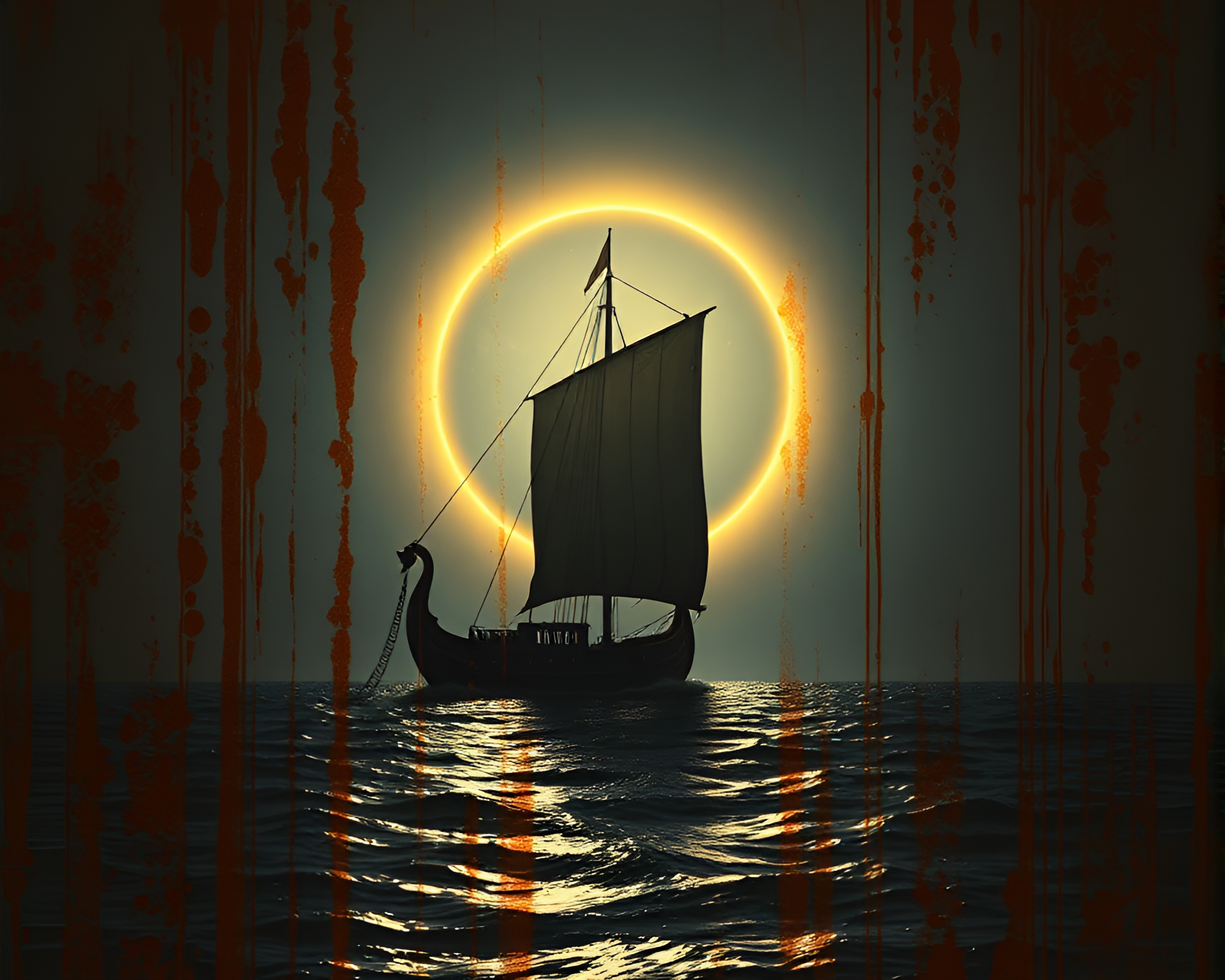 Rust Stain Eclipse: Viking Longship Glitch Art – free AI stock image
