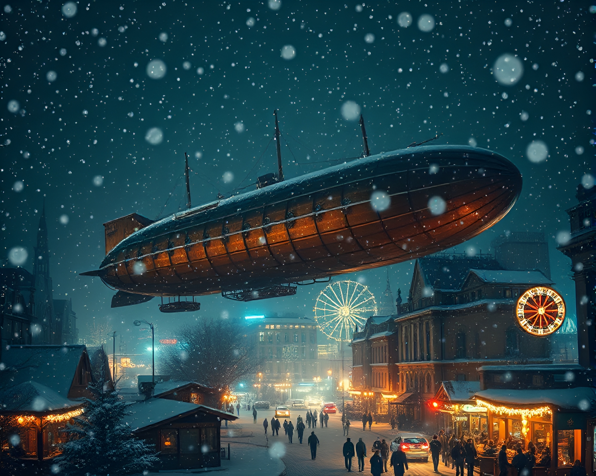 Steampunk airship soaring through snowy cityscape at night – free AI stock image