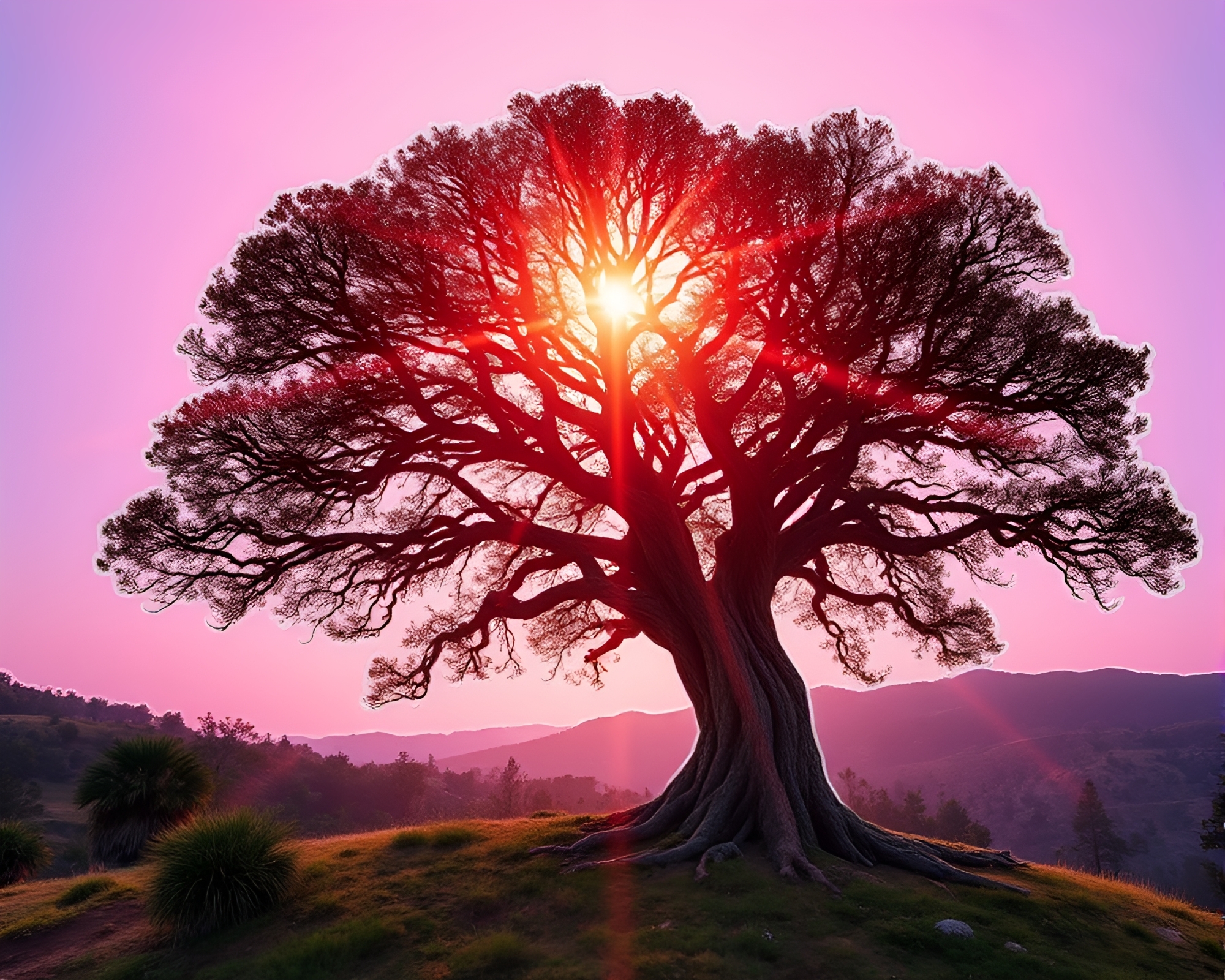 Enchanting Ancient Tree Collage at Sunrise – free AI stock image