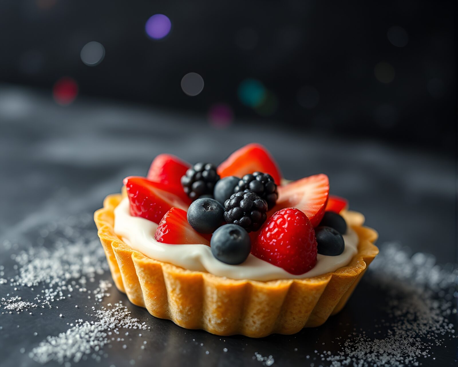 Colorful fruit tart with cosmic rainbow hues in close-up