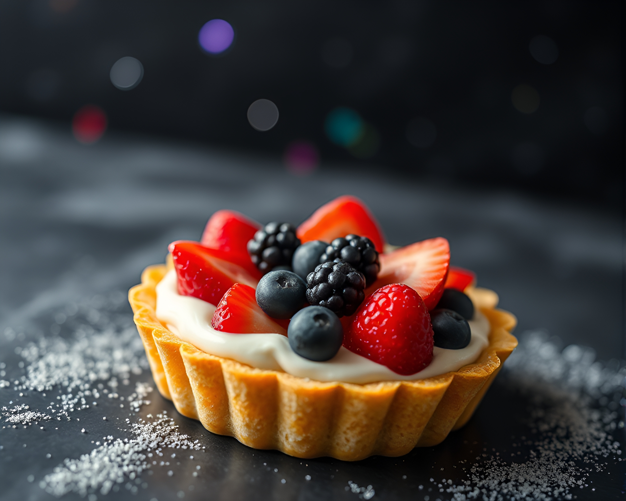 Cosmic Fruit Tart: Rainbow Delight in Selective Focus – free AI stock image