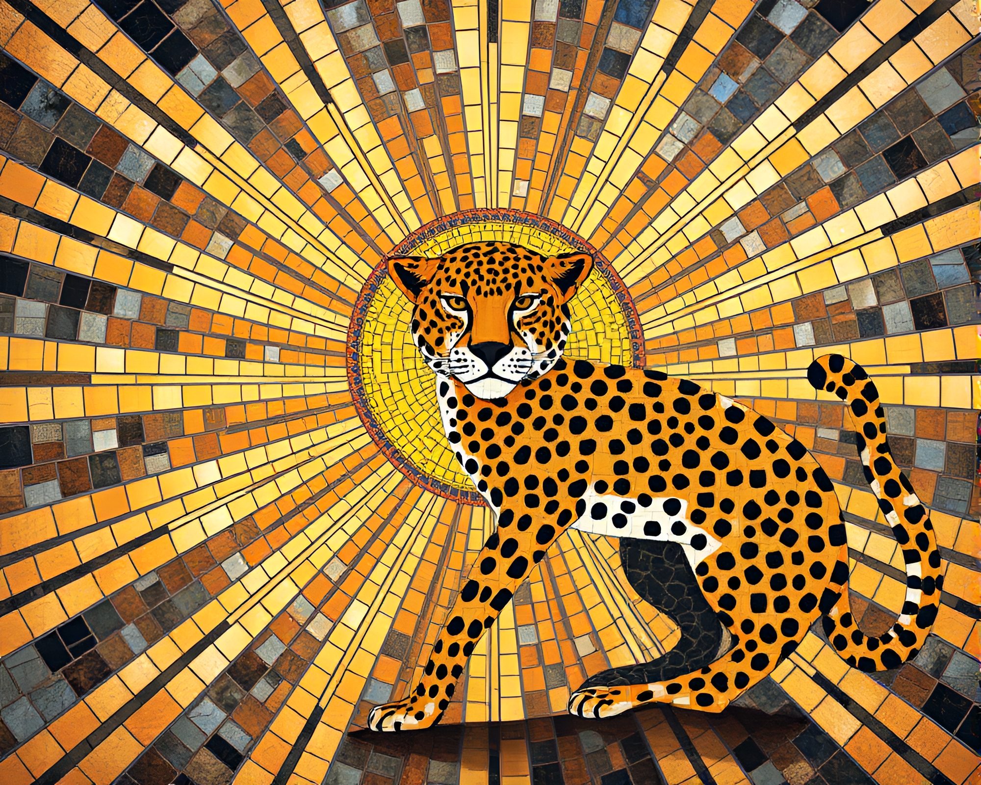 Majestic Cheetah in Cloth Mosaic Under Sunlight – free AI stock image