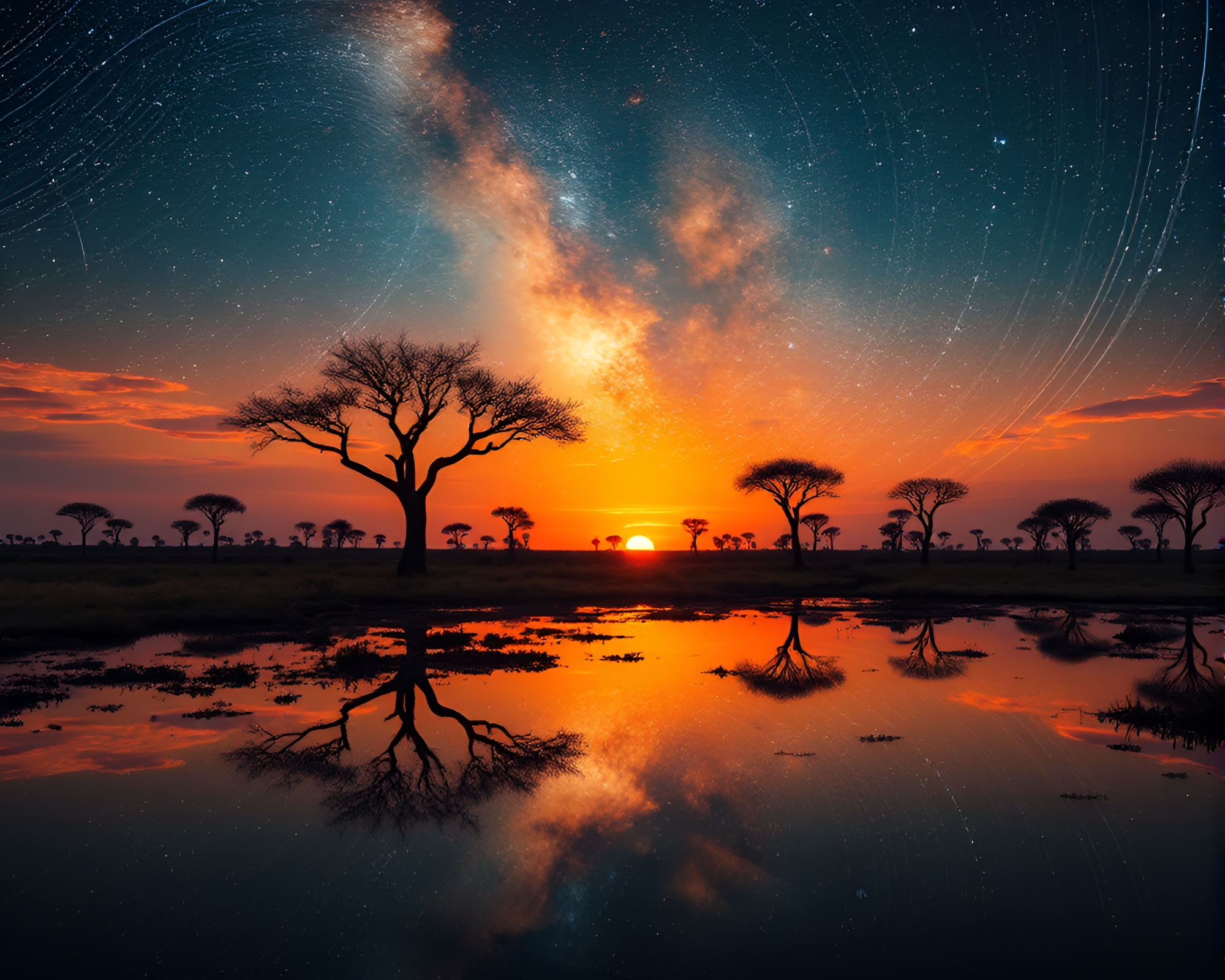 Savanna Sunset Mirage: Milky Way Calligraphy Reflections – free AI stock image