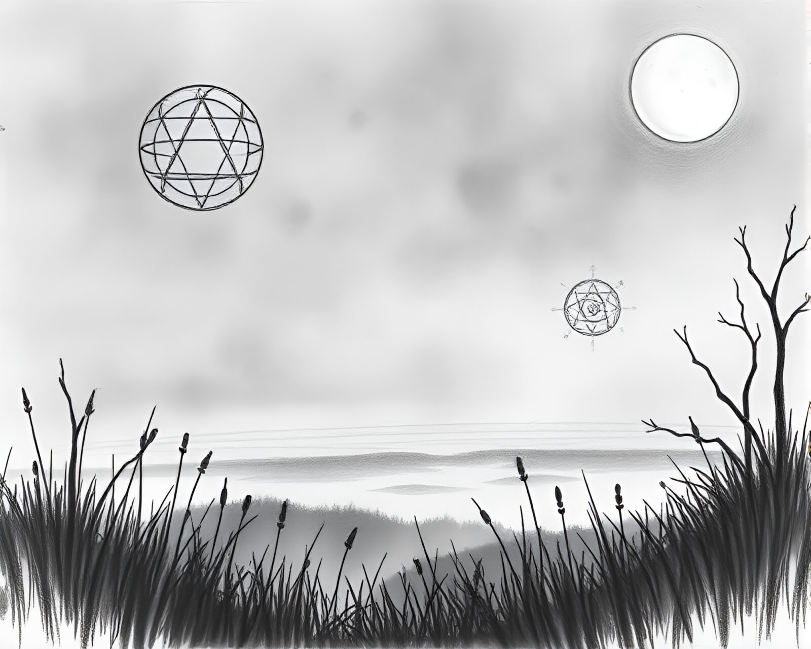 Pencil sketch of dusk with mildew spots and alchemical symbols