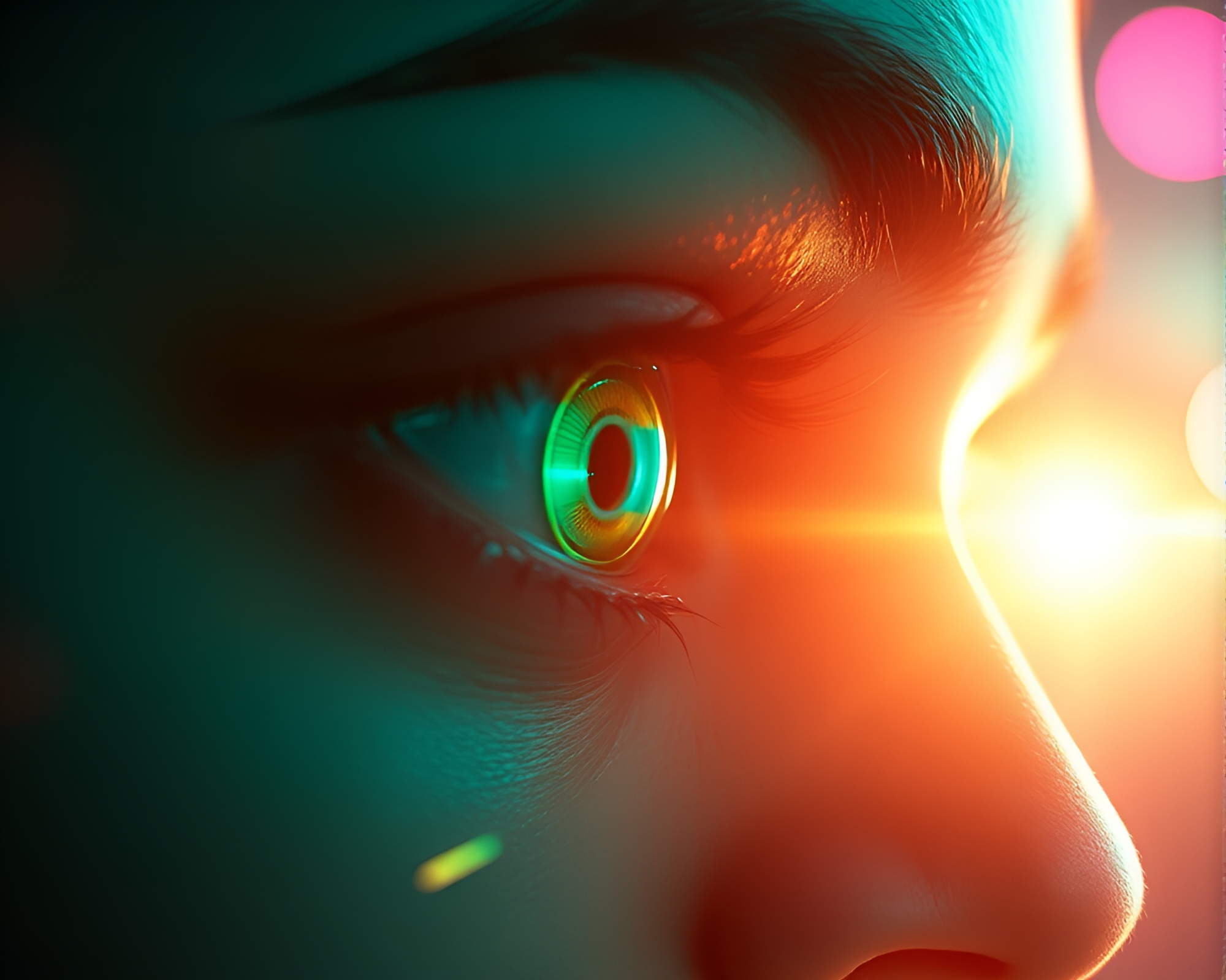 Cybernetic Eye Lens Flare in Mint Green Cel-Shaded World – free AI stock image