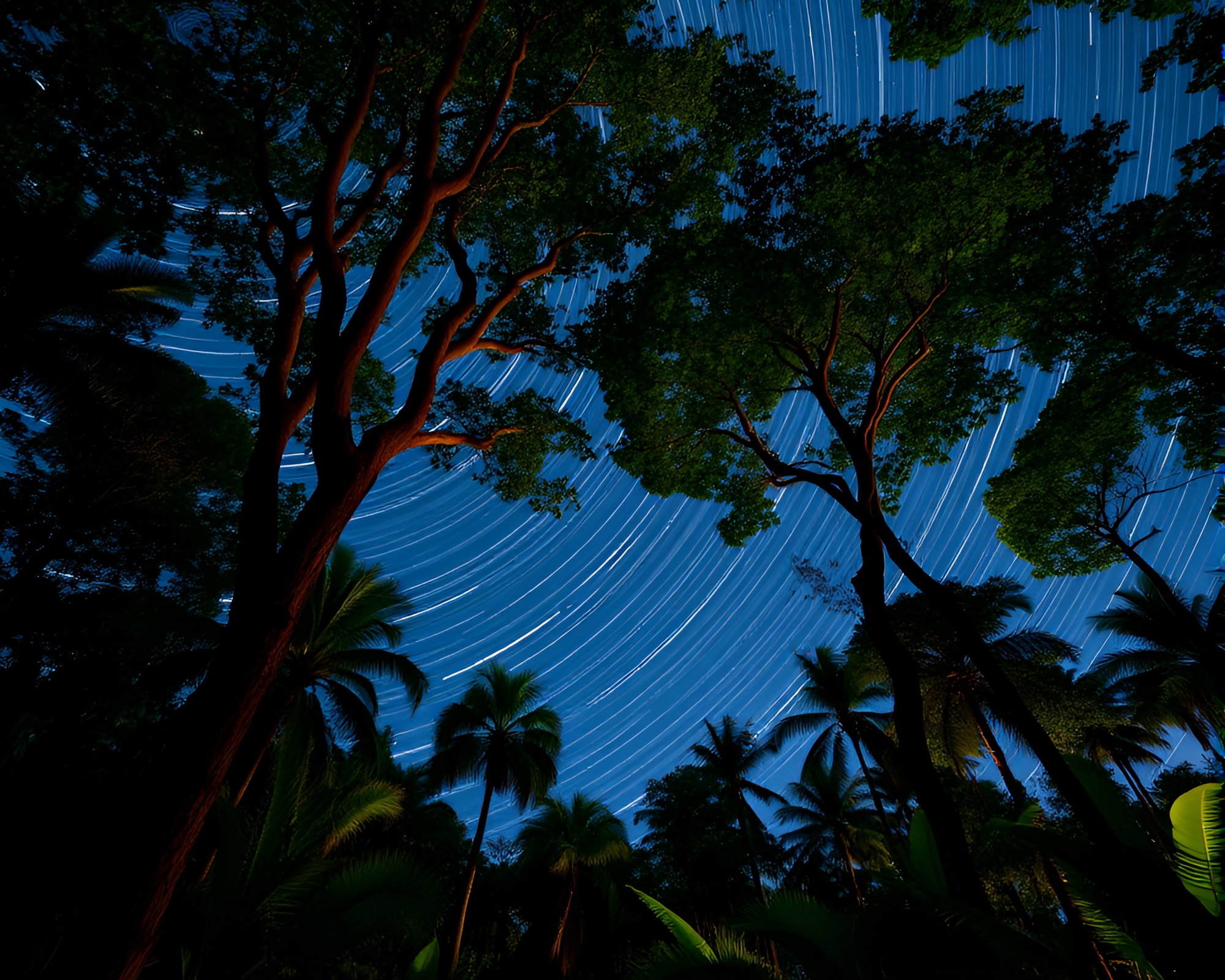 Starlit Oasis in Jungle Canopy Shade with Star Trails – free AI stock image