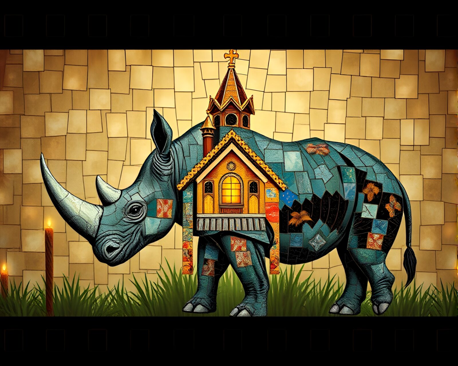 Fragmented mosaic of rhinoceros with film strip border